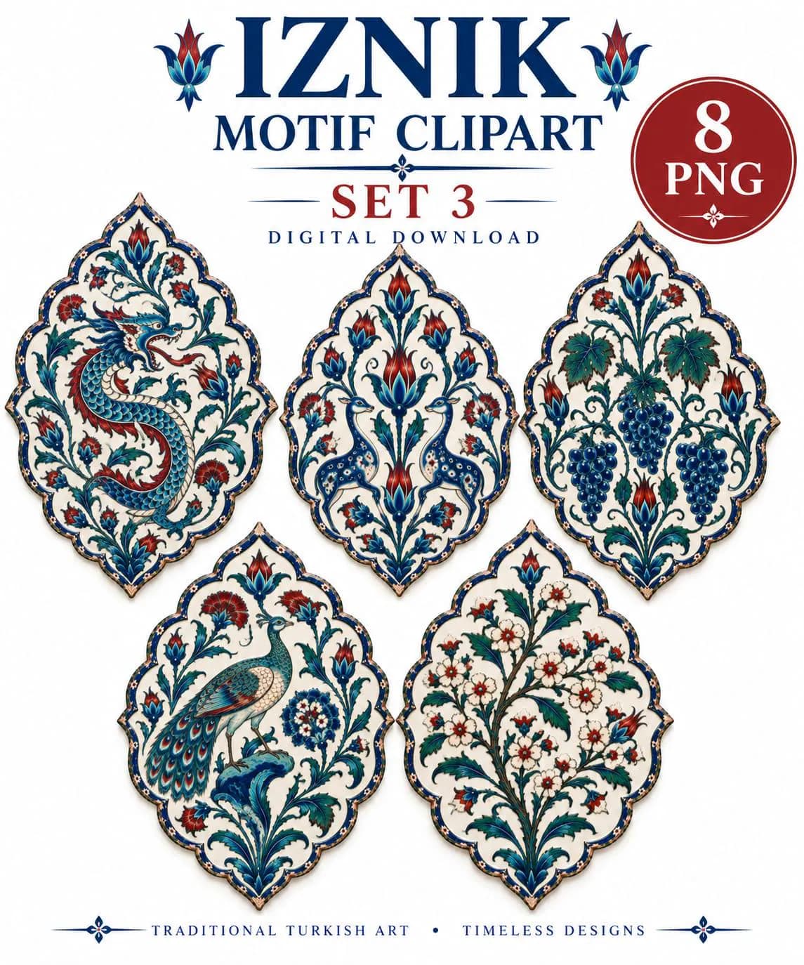 Iznik Clipart PNG Turkish Tile Art Ottoman Floral Motifs Islamic Ornaments Traditional Turkish Ceramic Design Digital Download 8 PNG