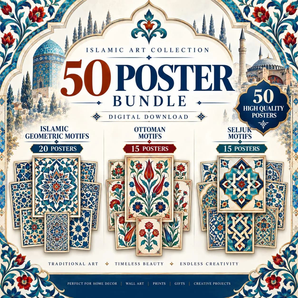 Islamic Art Poster Bundle, 50 Printable Posters, Islamic Geometric, Ottoman & Seljuk Motifs, Wall Art, Digital Download