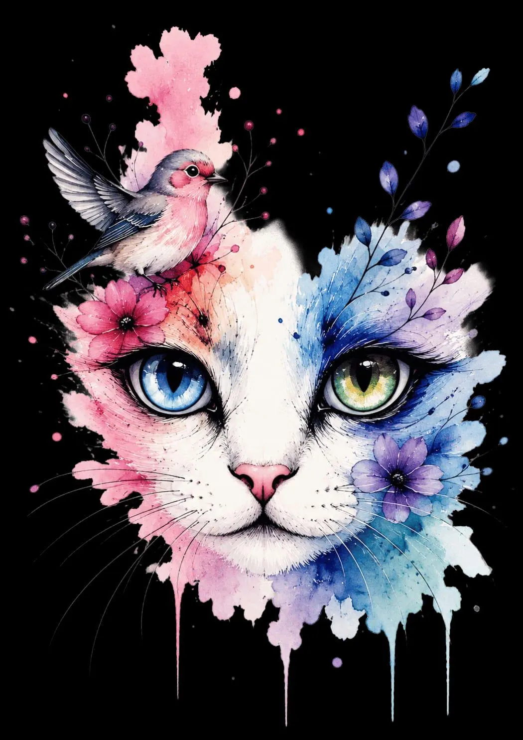 Watercolor Cat Clipart PNG, Floral Botanical Cat Clip Art, Cute Cats, Transparent PNG, Digital Download, Sublimation, Scrapbooking - image 4