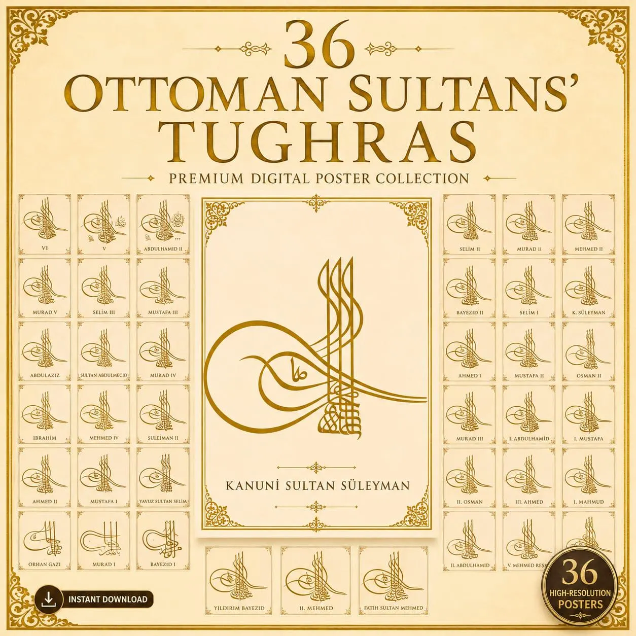 36 Ottoman Sultans Tughras Bundle, Islamic History Poster Set (Digital Download)