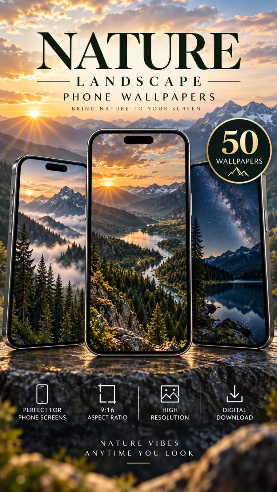 50 Nature Phone Wallpapers, Landscape iPhone Android Backgrounds, Forest Mountain Lake, 9:16 Digital Download