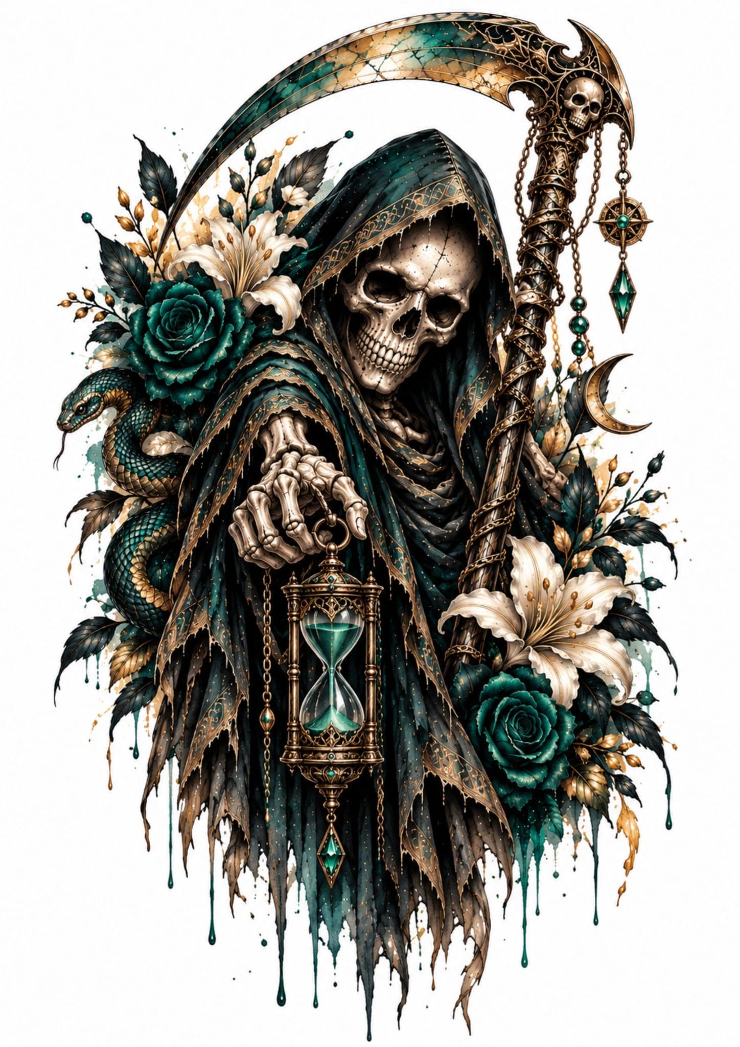 Dark Floral Skull Clipart, Gothic Skull PNG, Reaper Clipart, Transparent PNG, Gothic Clipart, 5 PNG Files, Digital Download - image 4