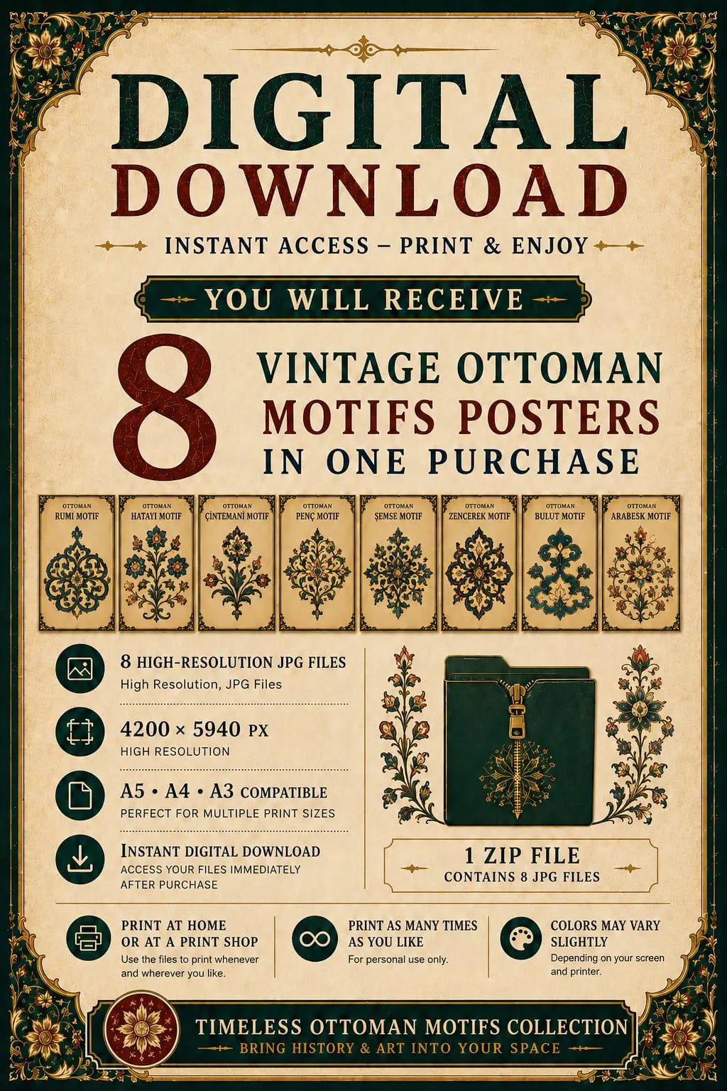 Ottoman Motifs Collection, Vintage Islamic Patterns, 8 Printable Posters (Digital Download) - image 2