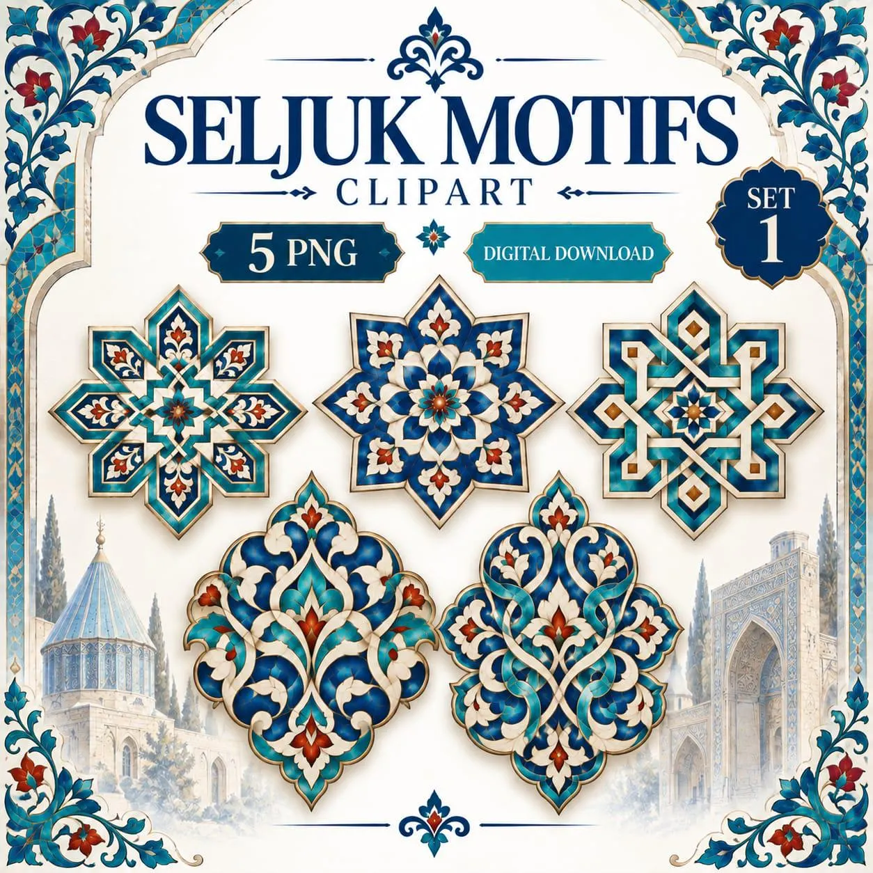 Seljuk Motifs Clipart PNG, 5 Transparent PNG, Islamic Turkish Ornaments, Digital Download