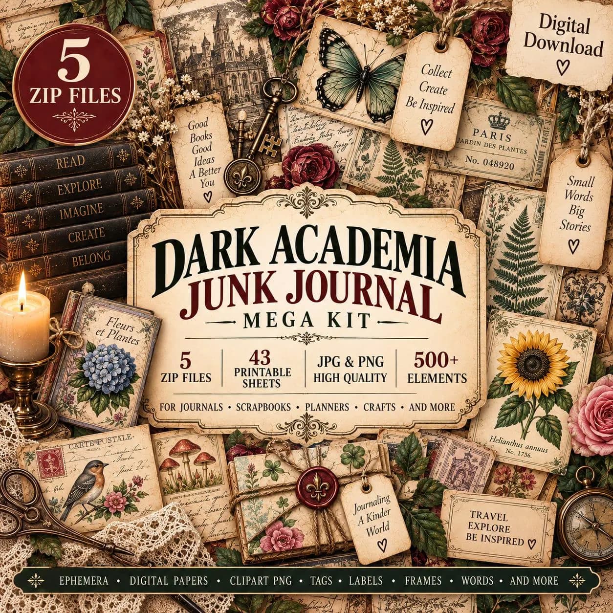 Dark Academia Junk Journal Mega Kit, Printable Ephemera, Digital Papers, Tags, Pockets, PNG Clipart, Journal Words, Scrapbook Download