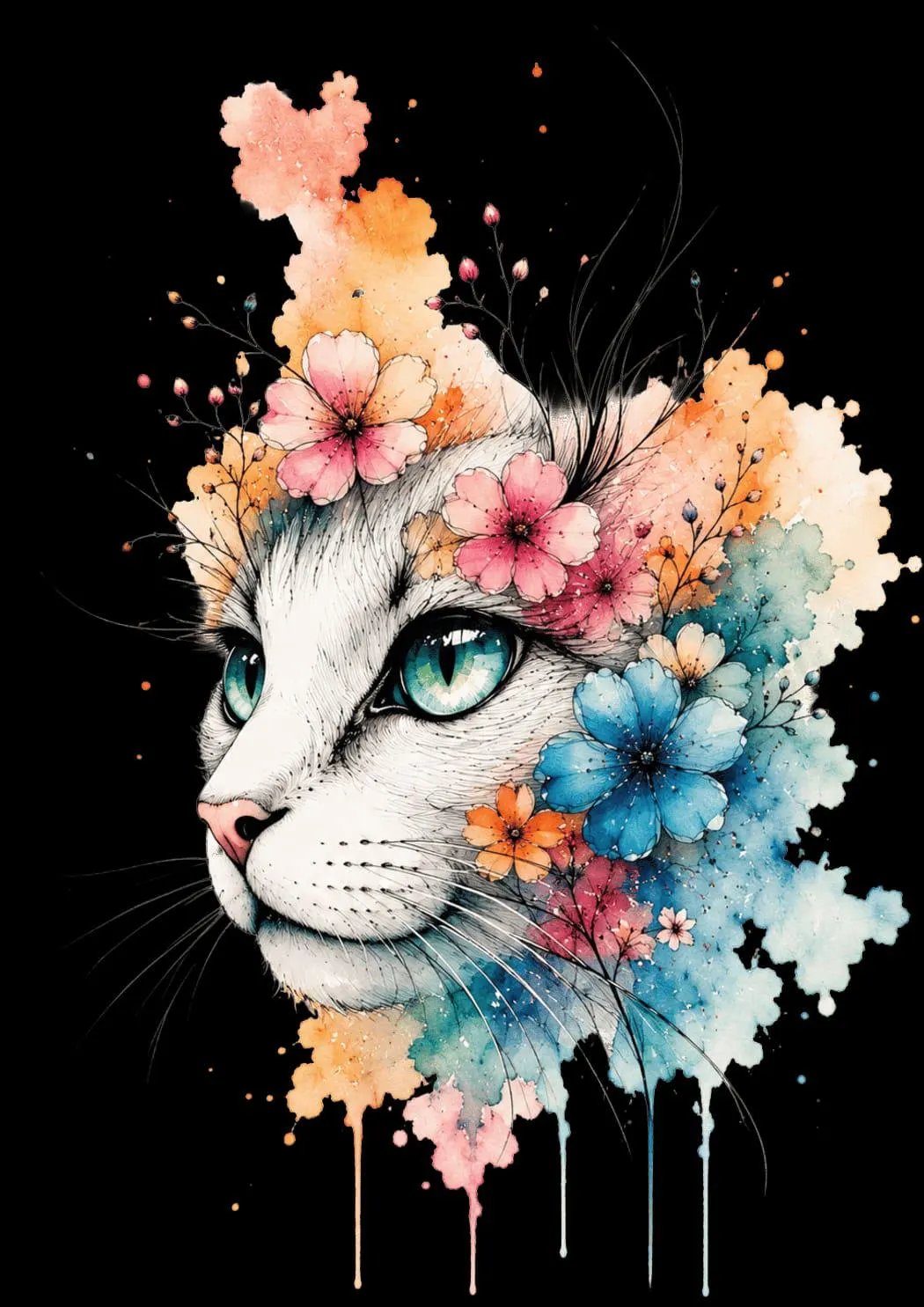 Watercolor Cat Clipart PNG, Floral Botanical Cat Clip Art, Cute Cats, Transparent PNG, Digital Download, Sublimation, Scrapbooking - image 3
