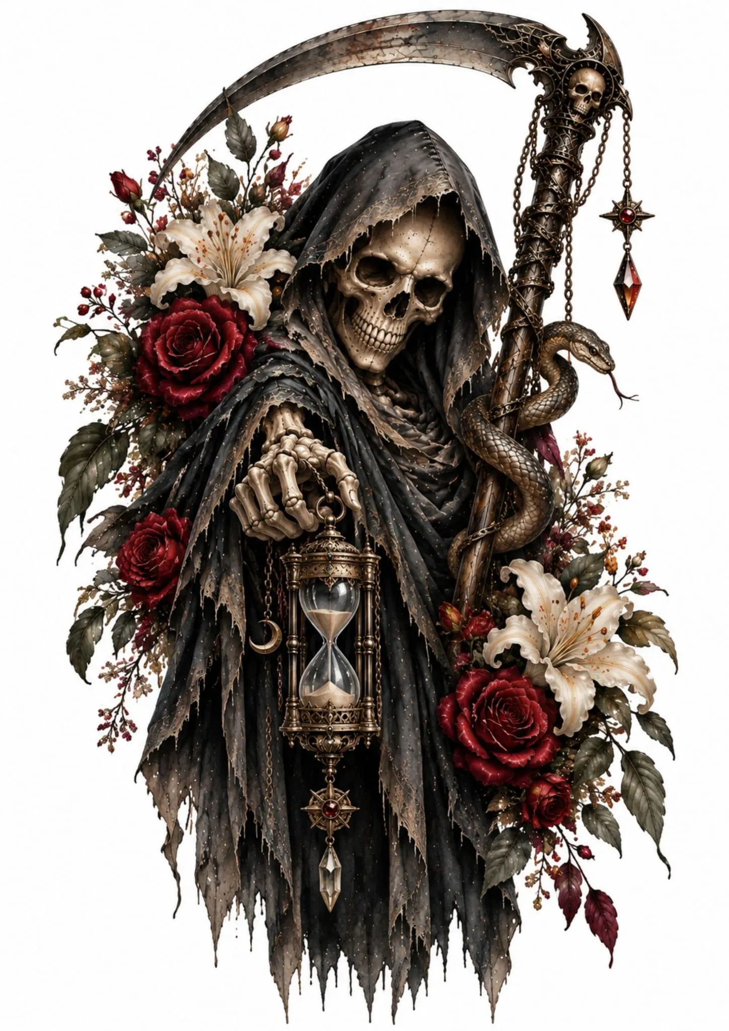 Dark Floral Skull Clipart, Gothic Skull PNG, Reaper Clipart, Transparent PNG, Gothic Clipart, 5 PNG Files, Digital Download - image 5