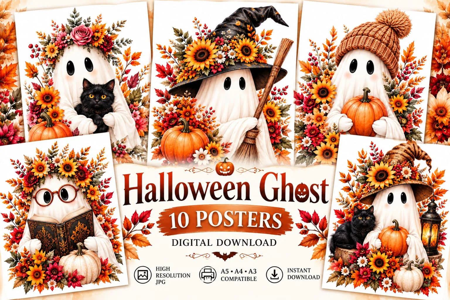 Halloween Ghost Wall Art, Floral Ghost & Pumpkin Posters, 10 Printable Prints, Fall Decor, Digital Download - image 2