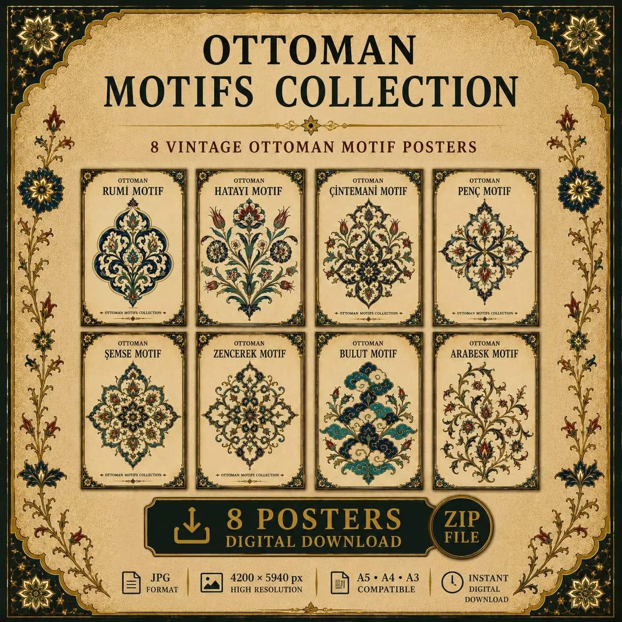 Ottoman Motifs Collection, Vintage Islamic Patterns, 8 Printable Posters (Digital Download)