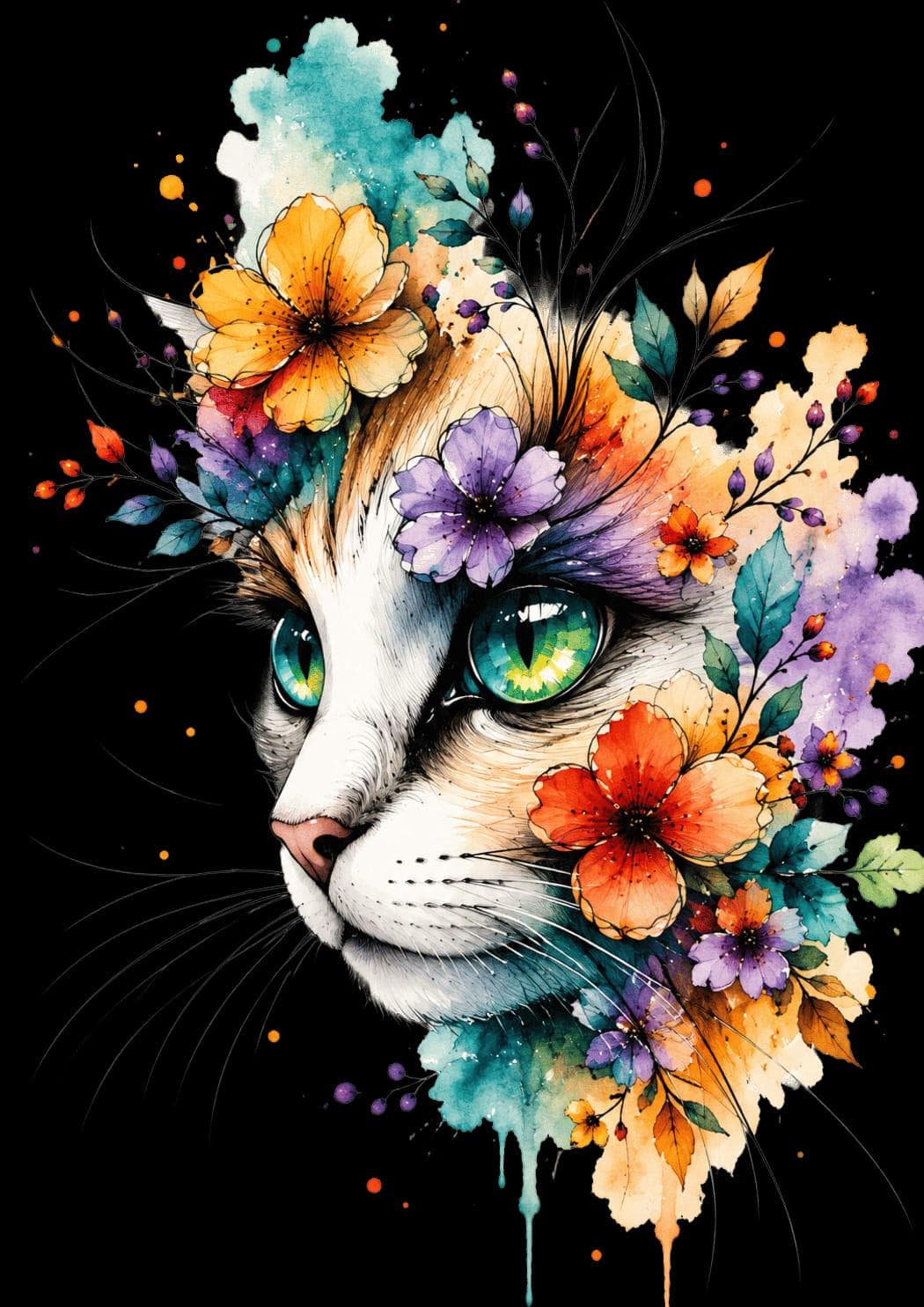 Watercolor Cat Clipart PNG, Floral Botanical Cat Clip Art, Cute Cats, Transparent PNG, Digital Download, Sublimation, Scrapbooking