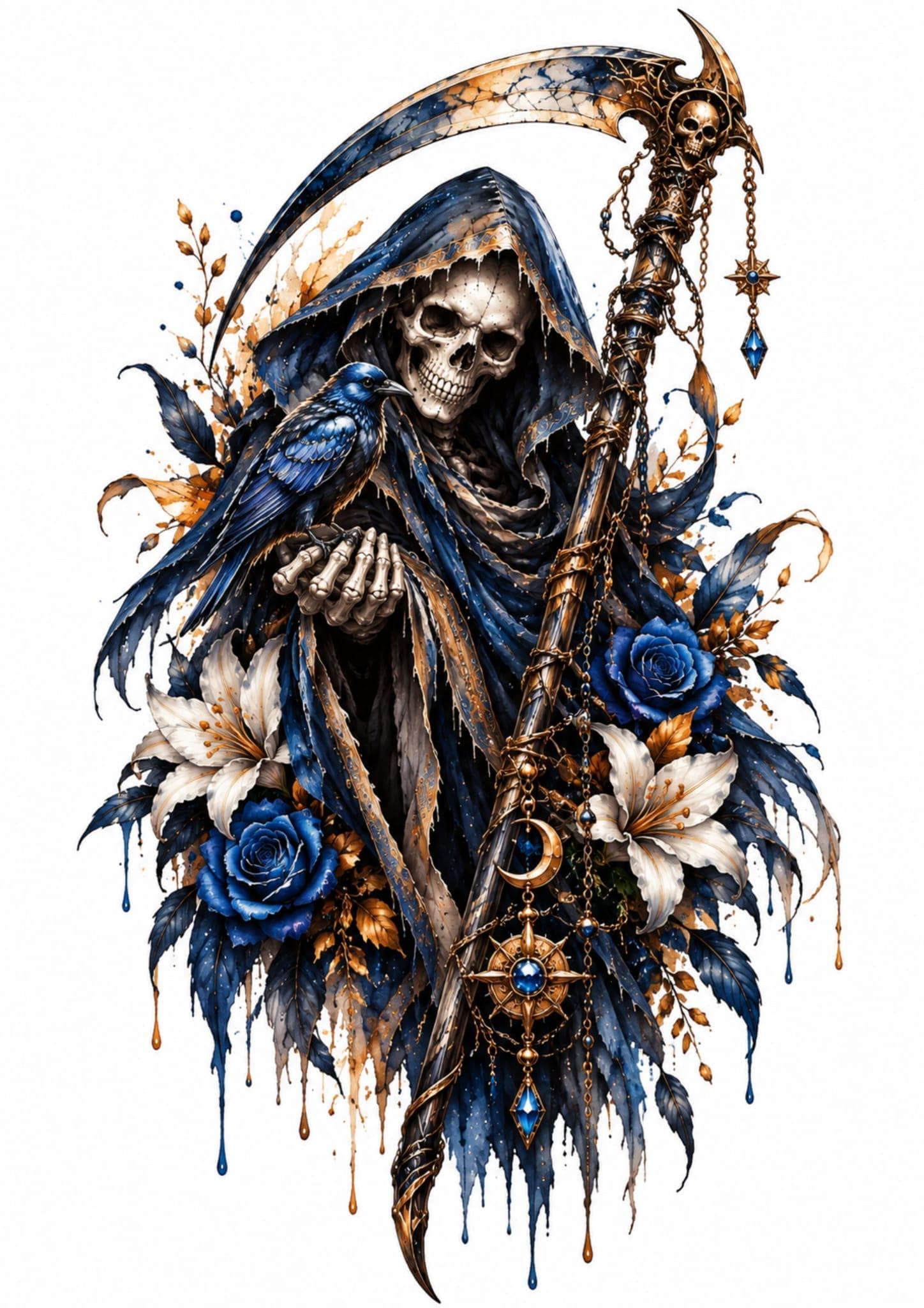 Dark Floral Skull Clipart, Gothic Skull PNG, Reaper Clipart, Transparent PNG, Gothic Clipart, 5 PNG Files, Digital Download