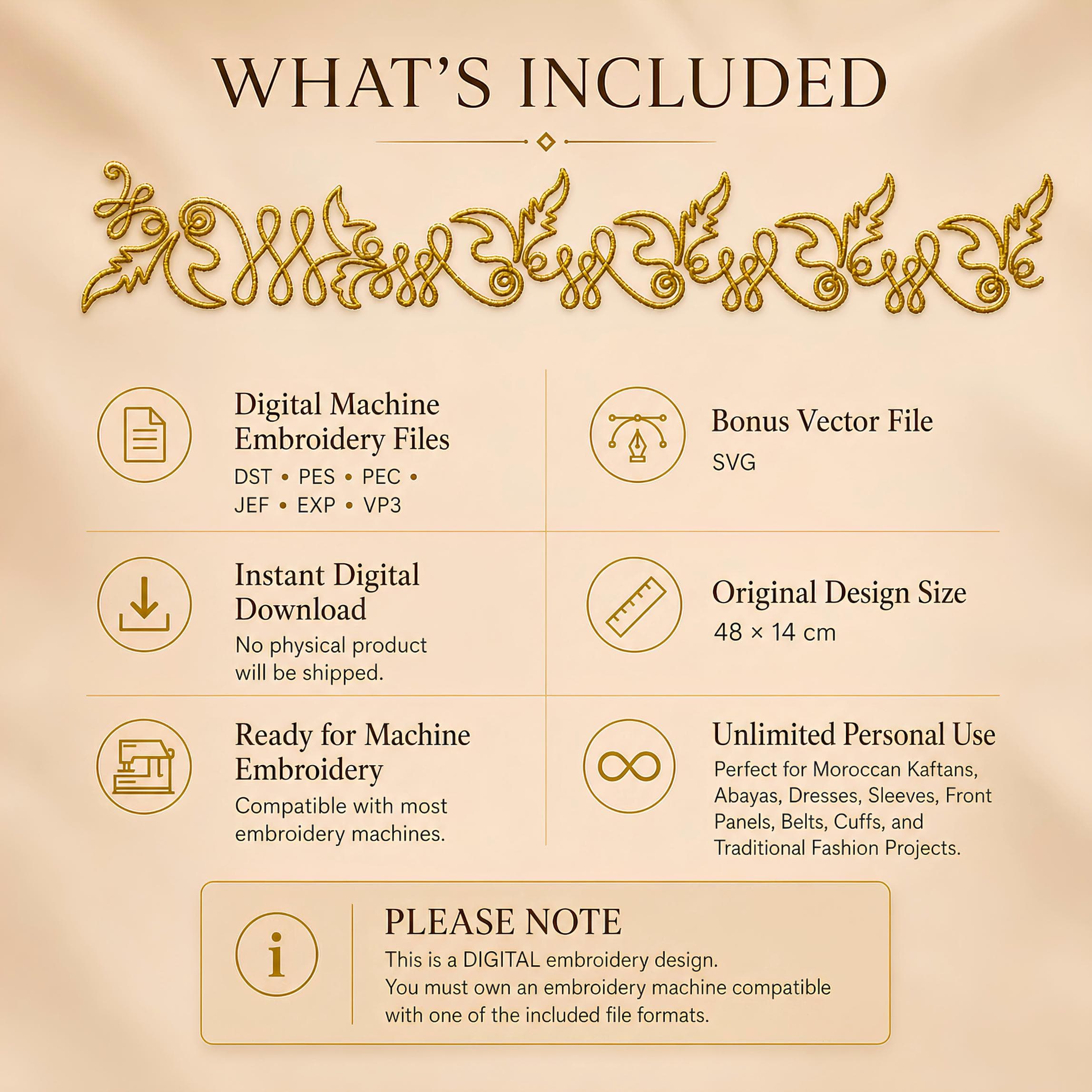 moroccan embroidery border design, embroidery pattern, dst pes jef exp vp3 pec svg, abaya border, kaftan trim, digital download - image 4