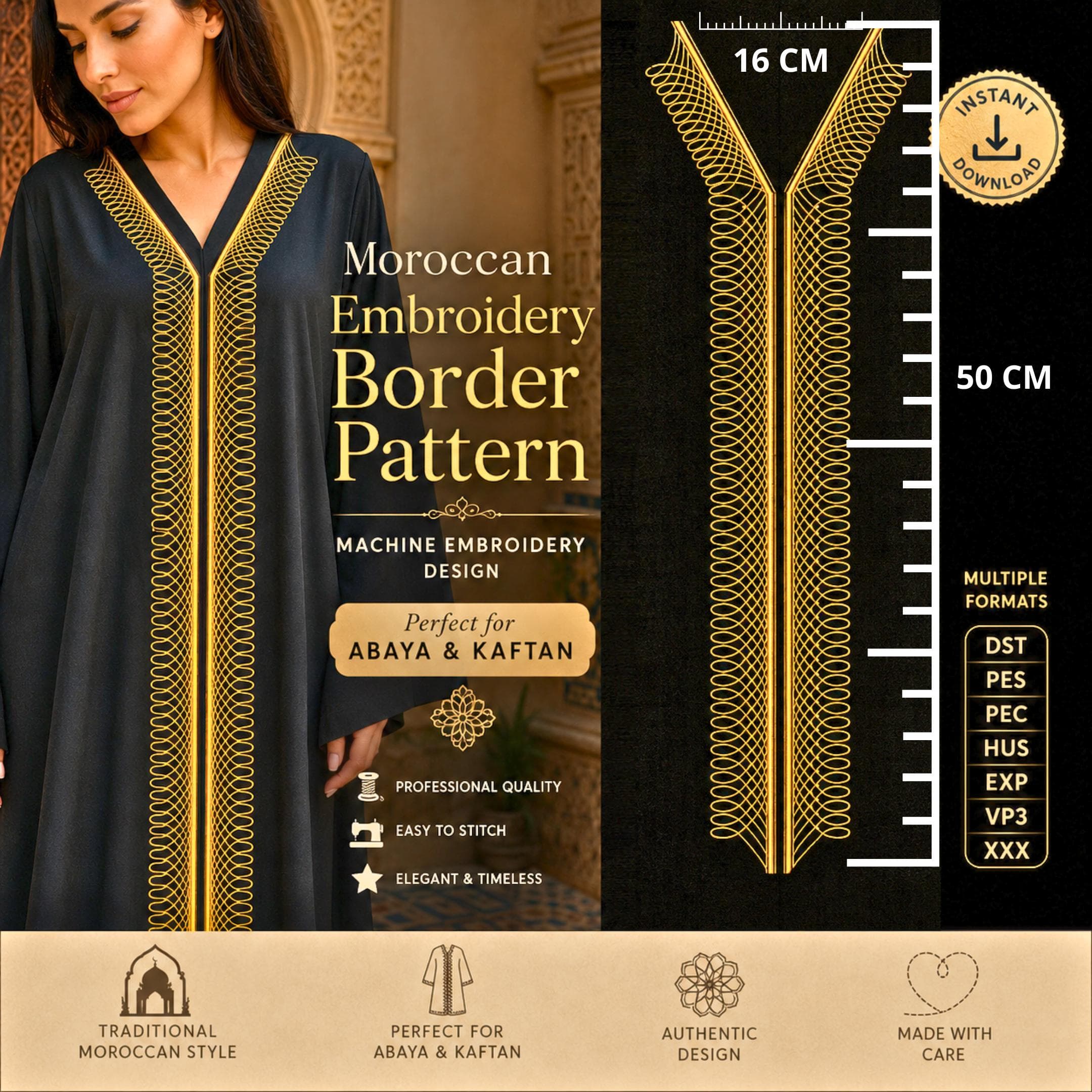 Moroccan Embroidery Border Pattern  | machine embroidery files dst pes pec hus exp vp3 xxx  | abaya & kaftan embroidery