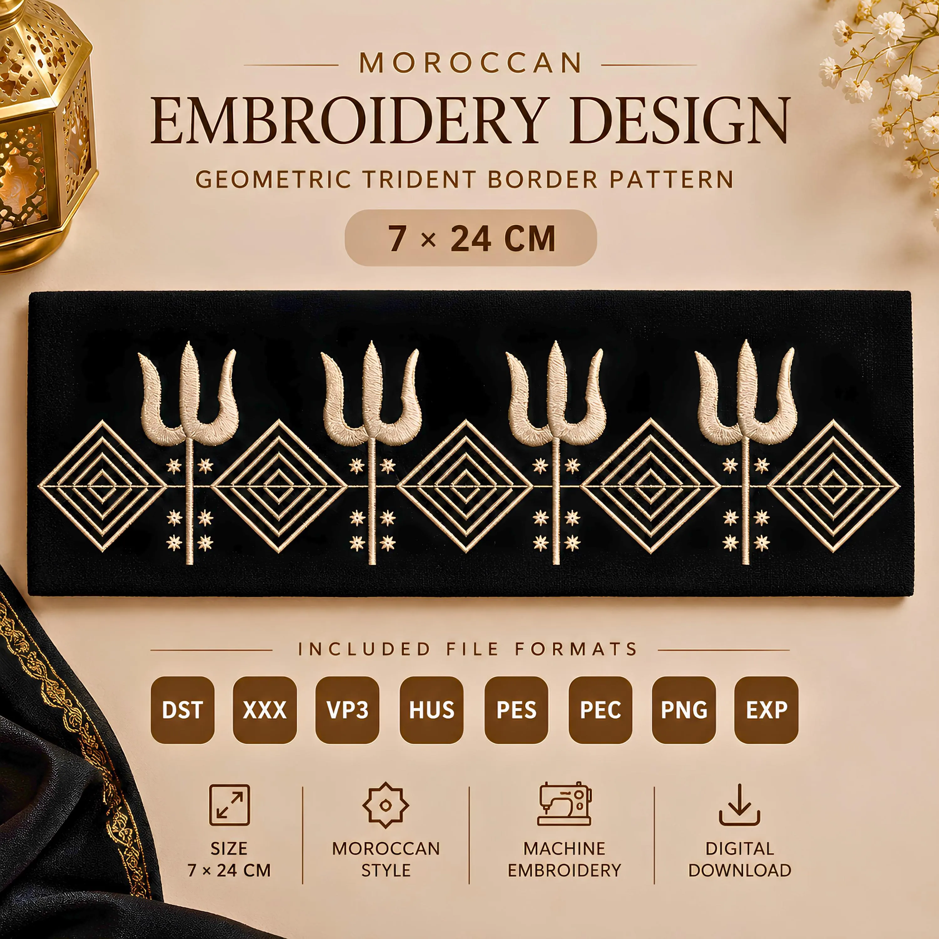 Moroccan Trident Geometric Embroidery Design | 7x24 cm Machine Embroidery Pattern | DST XXX VP3 hus pes pec png exp