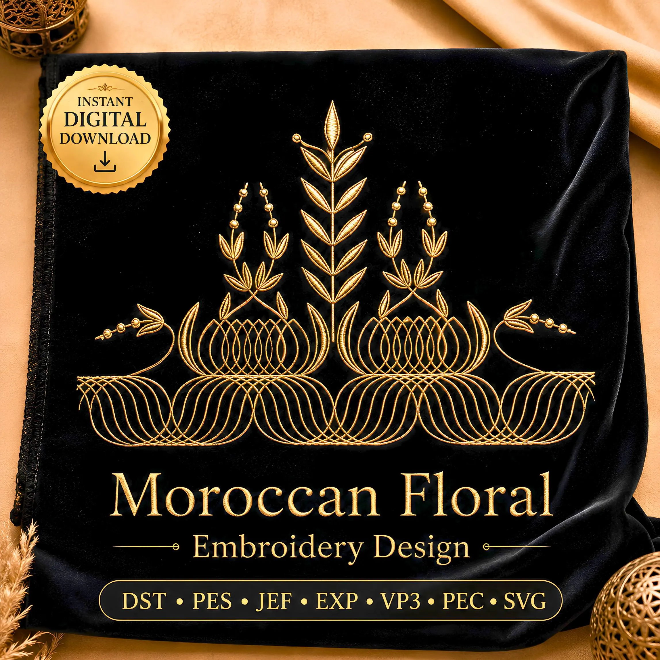 Moroccan floral embroidery border, symmetrical machine embroidery design, luxury caftan embroidery, dst pes jef exp vp3 pec svg