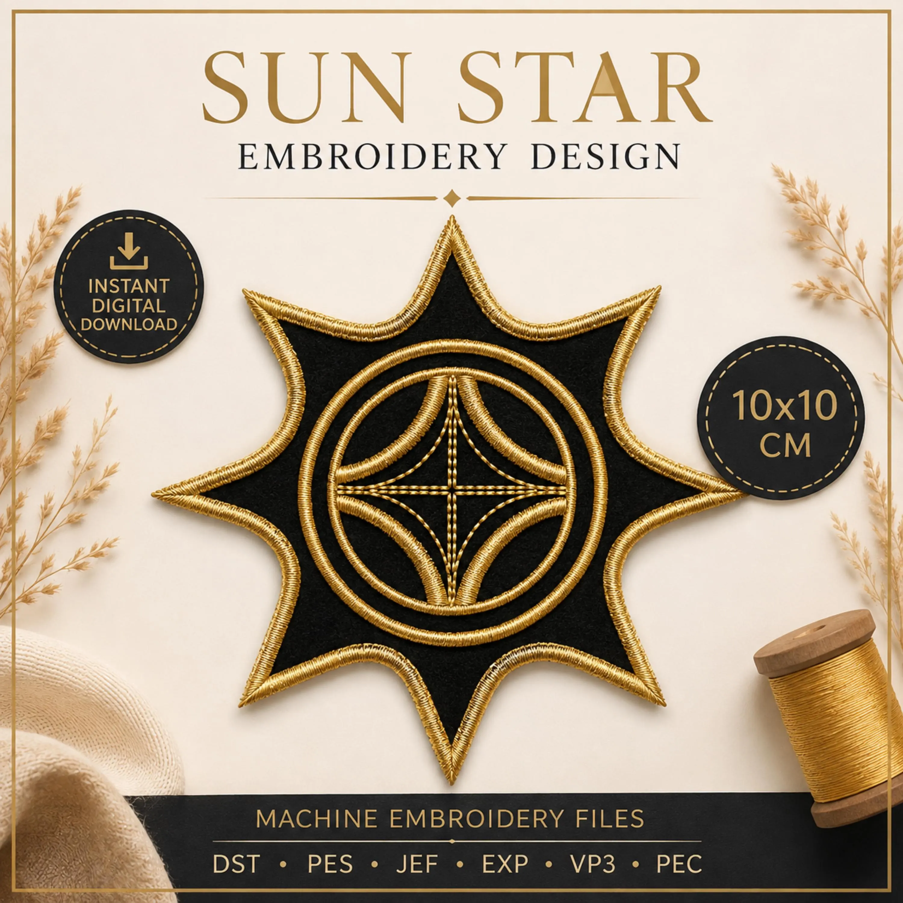Sun Star Embroidery Design, Celestial Machine Embroidery File, 10x10 cm, dst pes jef exp vp3 pec, Digital Download - image 3