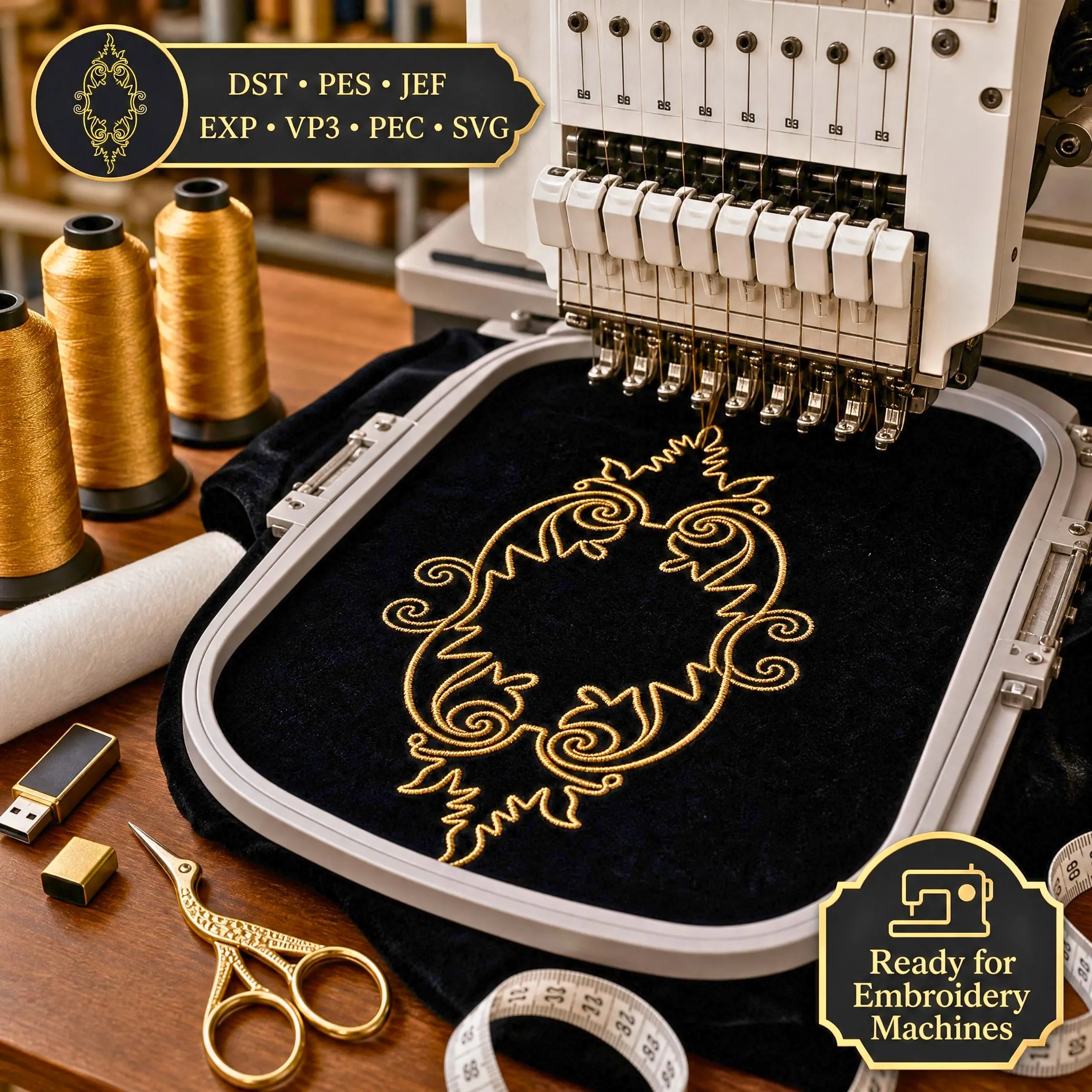 embroidery frame design, ornamental embroidery border, arabesque embroidery pattern, machine embroidery files, dst pes jef exp vp3 pec svg - image 3