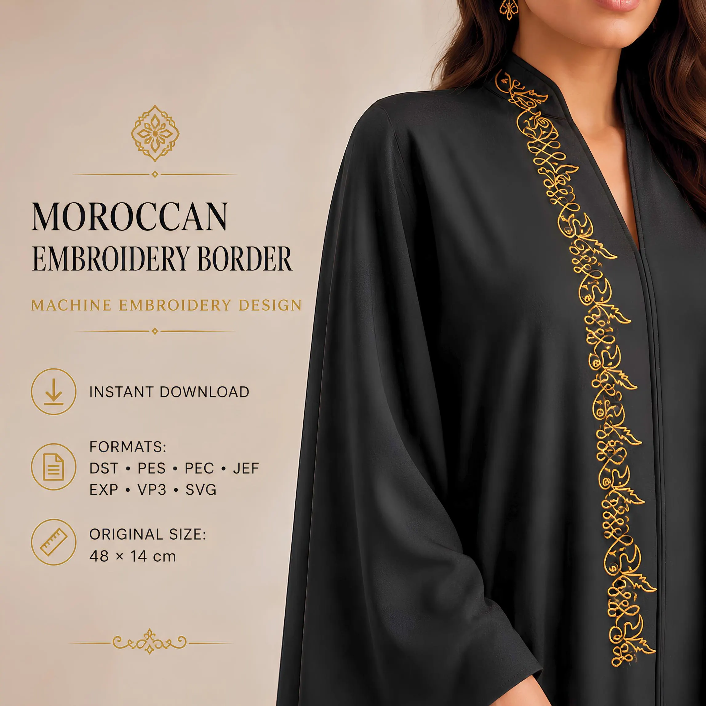 moroccan embroidery border design, embroidery pattern, dst pes jef exp vp3 pec svg, abaya border, kaftan trim, digital download
