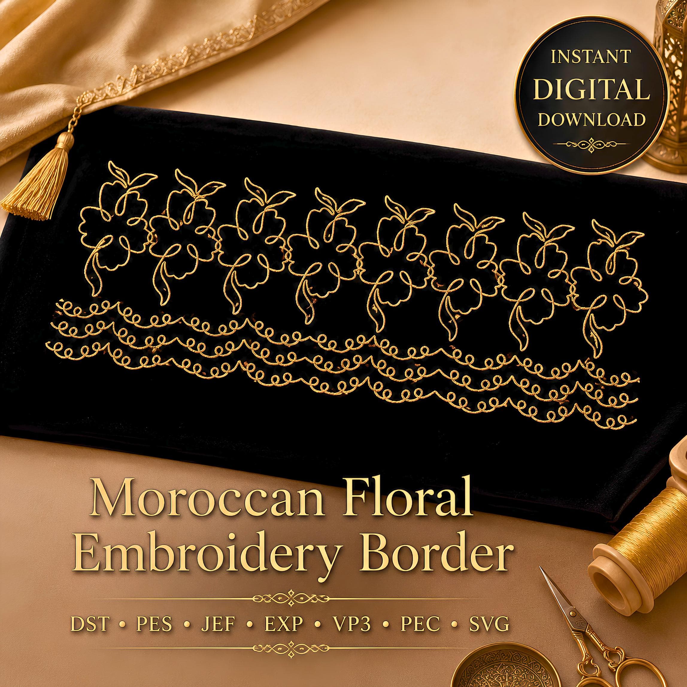 Moroccan floral embroidery border, flower machine embroidery design, caftan embroidery file, dst pes jef exp vp3 pec svg - image 3
