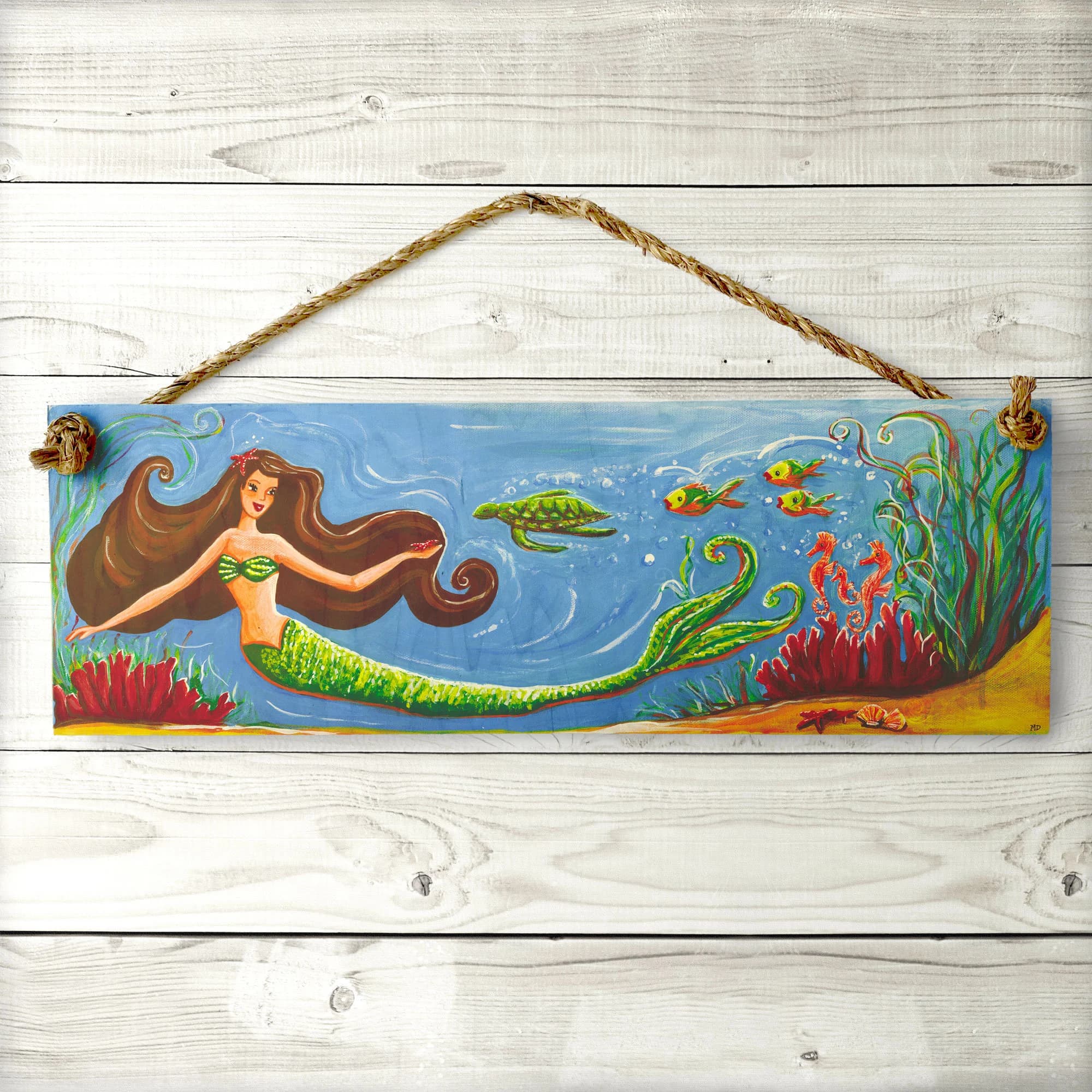 Vintage Mermaid Sign - Hawaii Mermaid Wood Sign with Fish, Sea Turtles and Manila Rope Hanger