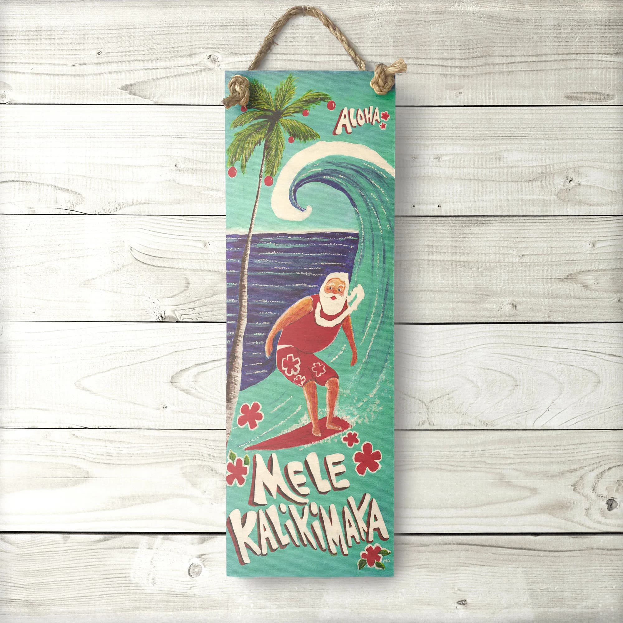 Surfing Santa Large Sign – Mele Kalikimaka Surf art Made in Hawaii