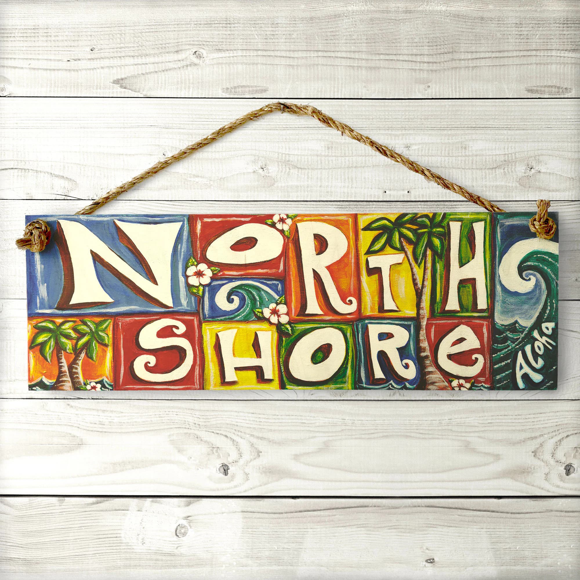 Vintage North Shore Sign - Hawaii North Shore Wood Sign with Palm Trees, Waves, Aloha and Manila Rope Hanger