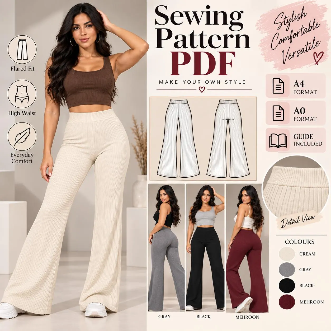 Flared Pants Sewing Pattern PDF, High Waist Wide Leg Trousers Pattern, Women’s Bell Bottom Pants, A4 A0 Printable Pattern, Sewing Guide.