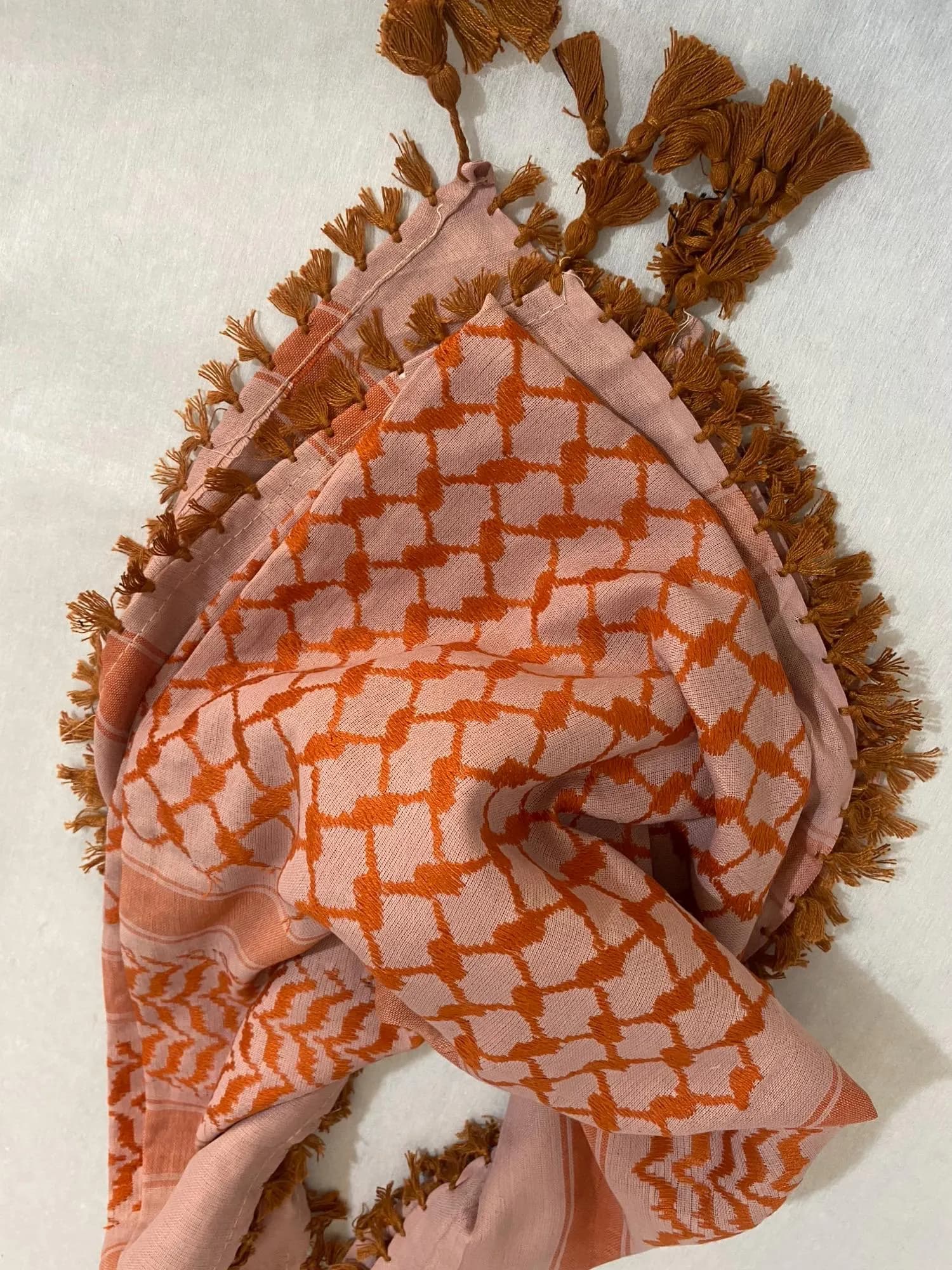Keffiyeh Scarf Arab Baige Orange Traditional Palestine Shawl, Heritage Sahara Desert Bandana Headwear Unique Vintage Style Size 47" X 47" - image 5