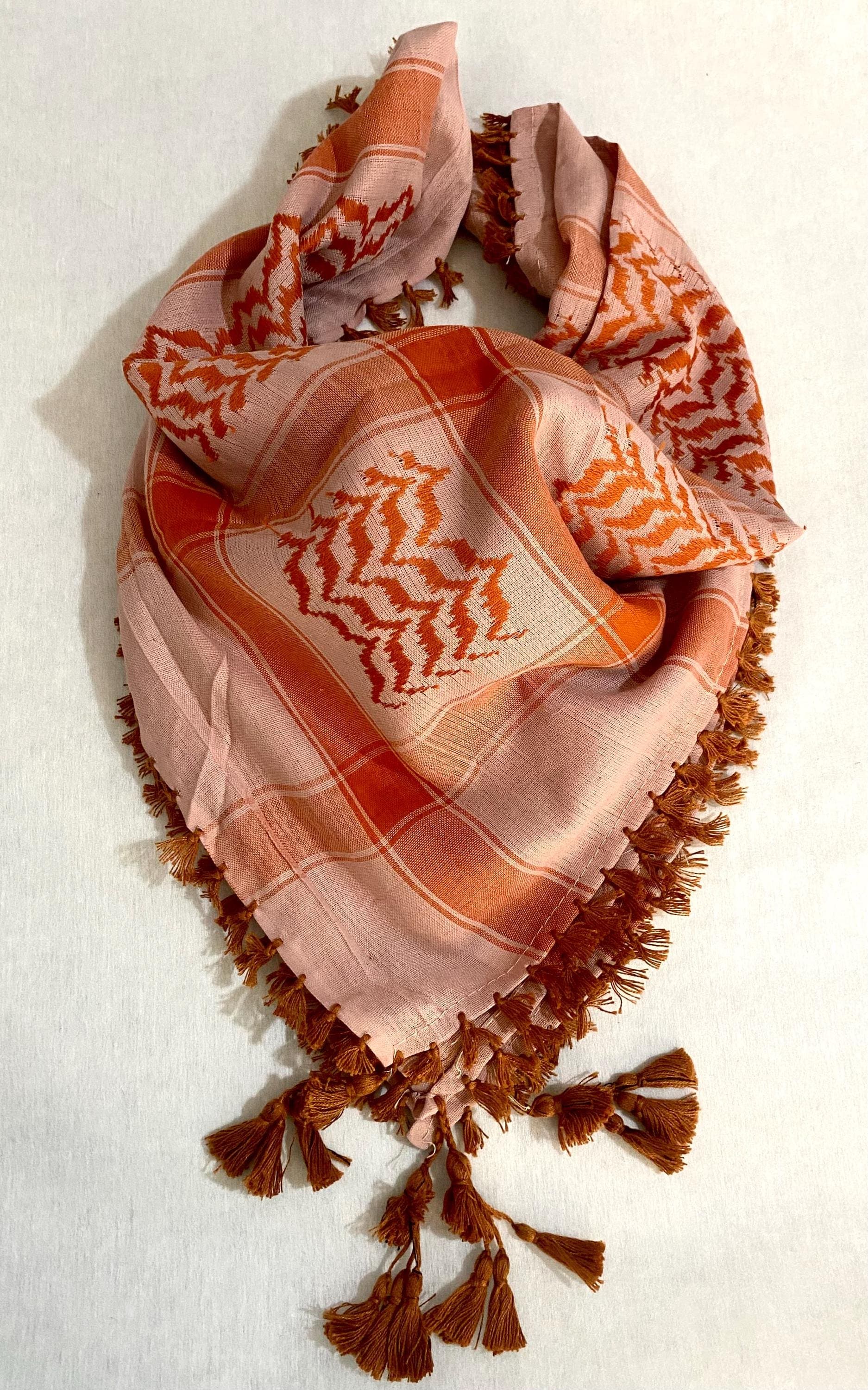Keffiyeh Scarf Arab Baige Orange Traditional Palestine Shawl, Heritage Sahara Desert Bandana Headwear Unique Vintage Style Size 47" X 47"