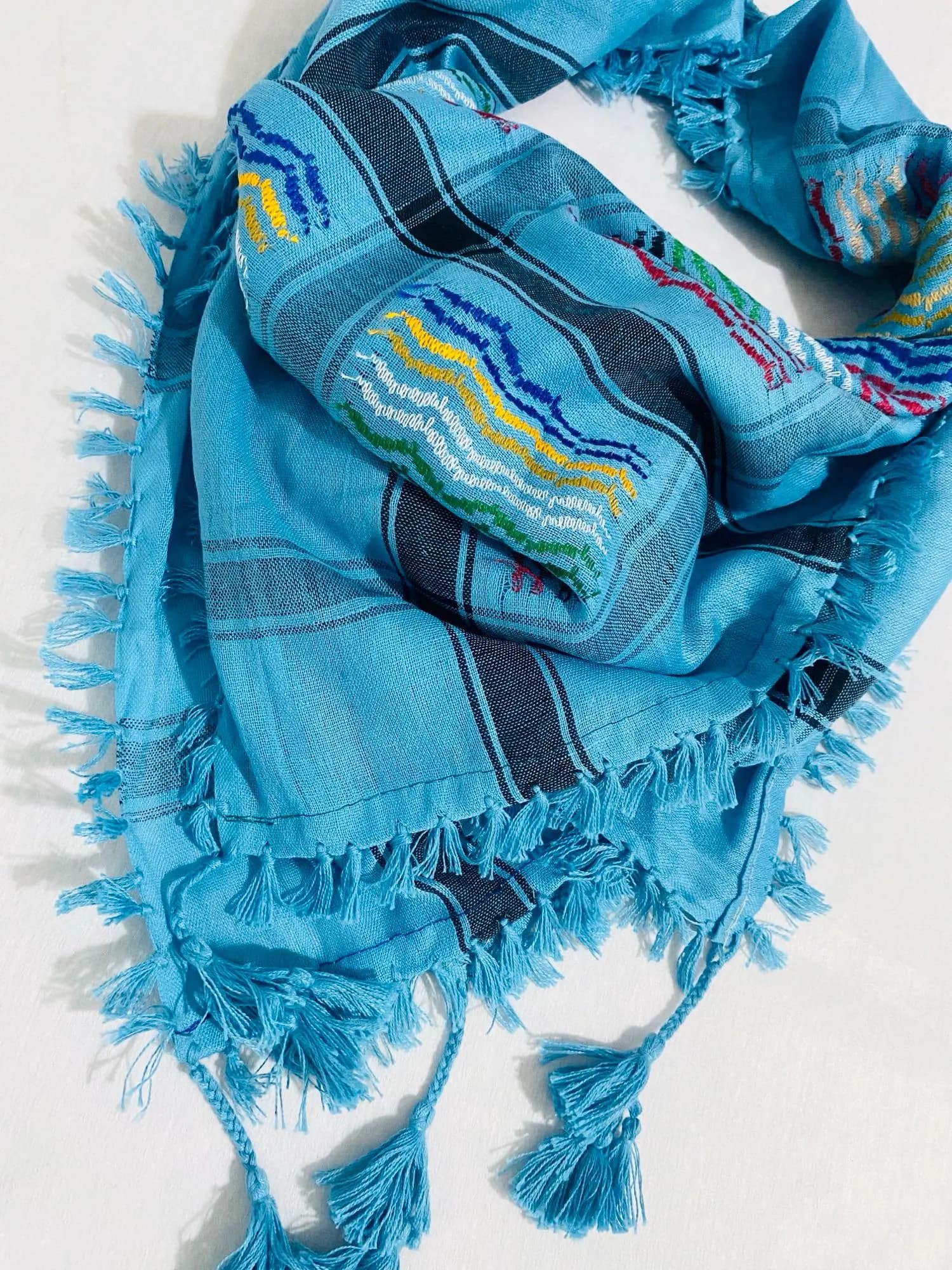 Blue Rainbow Keffiyeh Scarf, Traditional Palestine Shawl, Sahara Desert Bandana Headwear, Unique Vintage Style Size 47"X47" - image 5