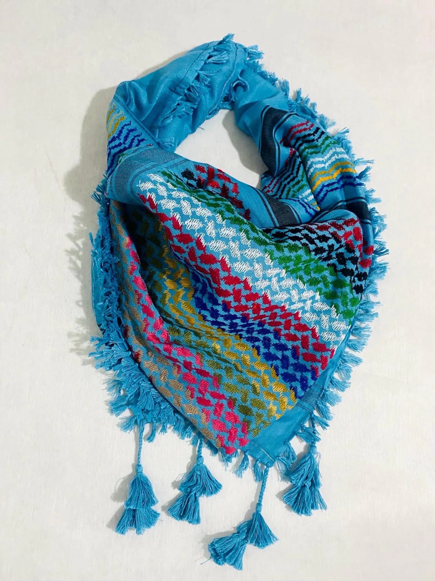 Blue Rainbow Keffiyeh Scarf, Traditional Palestine Shawl, Sahara Desert Bandana Headwear, Unique Vintage Style Size 47"X47"