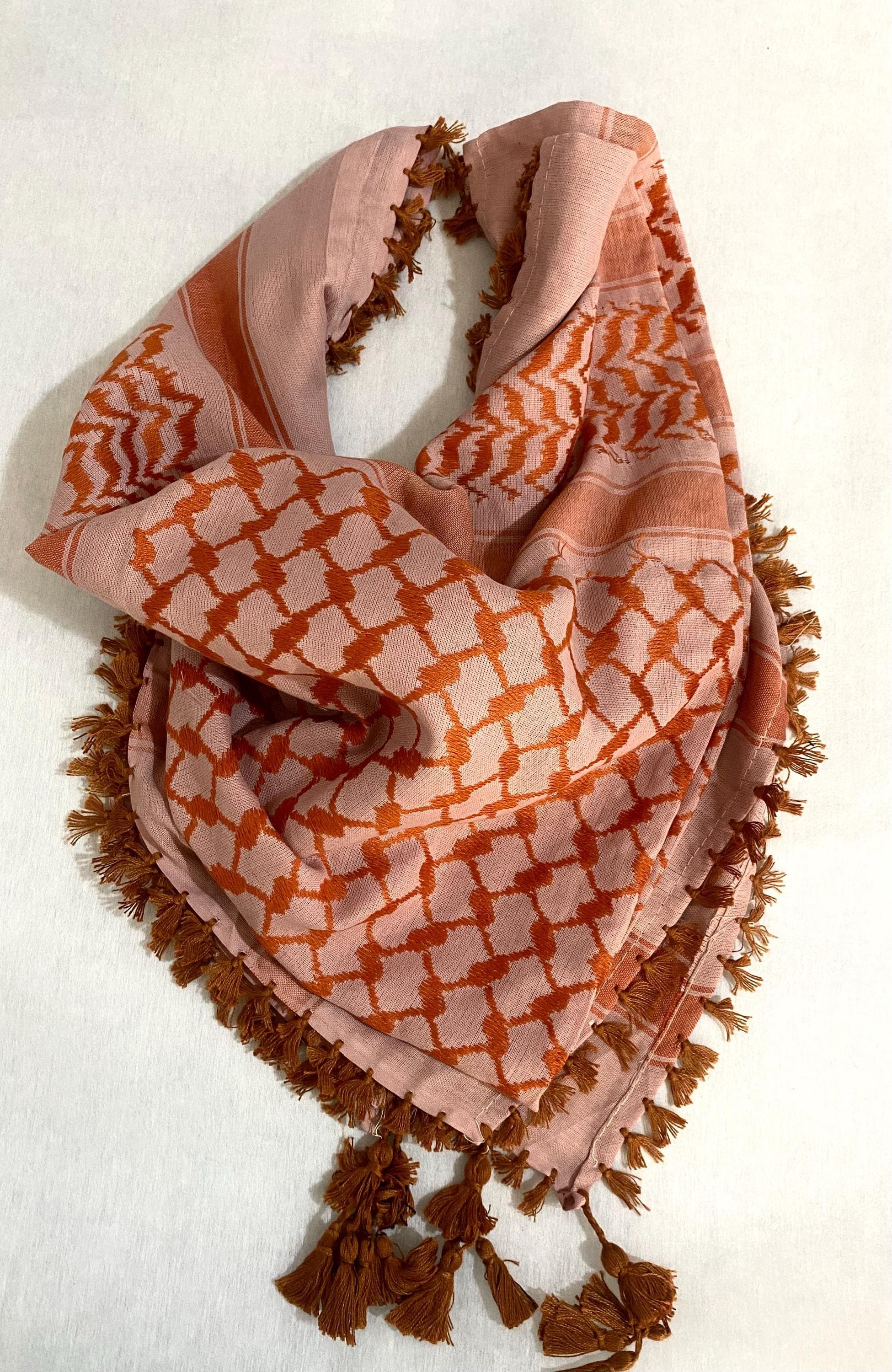 Keffiyeh Scarf Arab Baige Orange Traditional Palestine Shawl, Heritage Sahara Desert Bandana Headwear Unique Vintage Style Size 47" X 47" - image 4