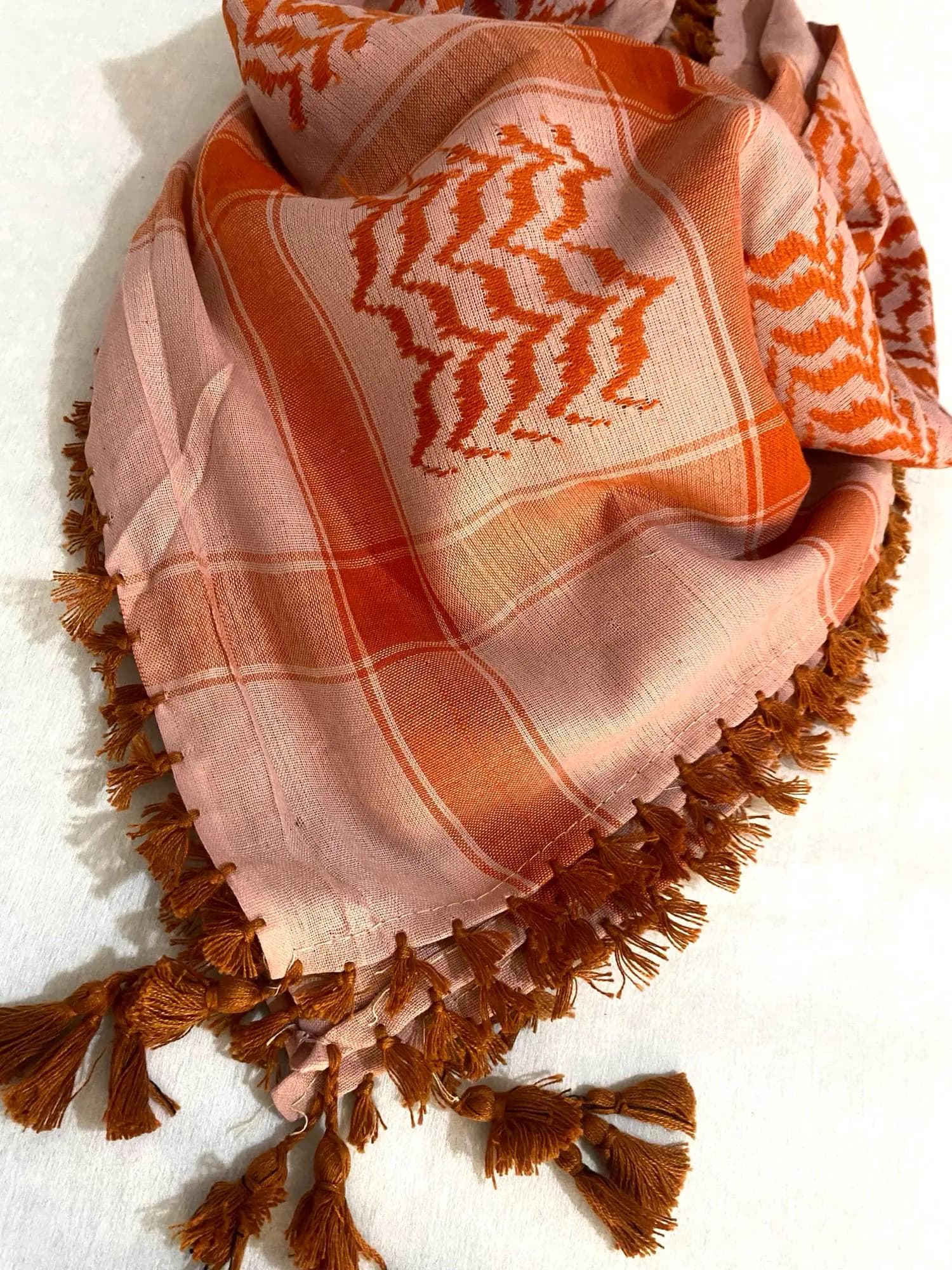 Keffiyeh Scarf Arab Baige Orange Traditional Palestine Shawl, Heritage Sahara Desert Bandana Headwear Unique Vintage Style Size 47" X 47" - image 3