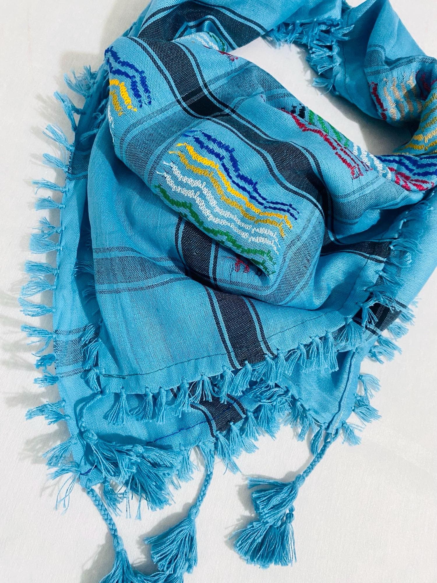 Blue Rainbow Keffiyeh Scarf, Traditional Palestine Shawl, Sahara Desert Bandana Headwear, Unique Vintage Style Size 47"X47" - image 3