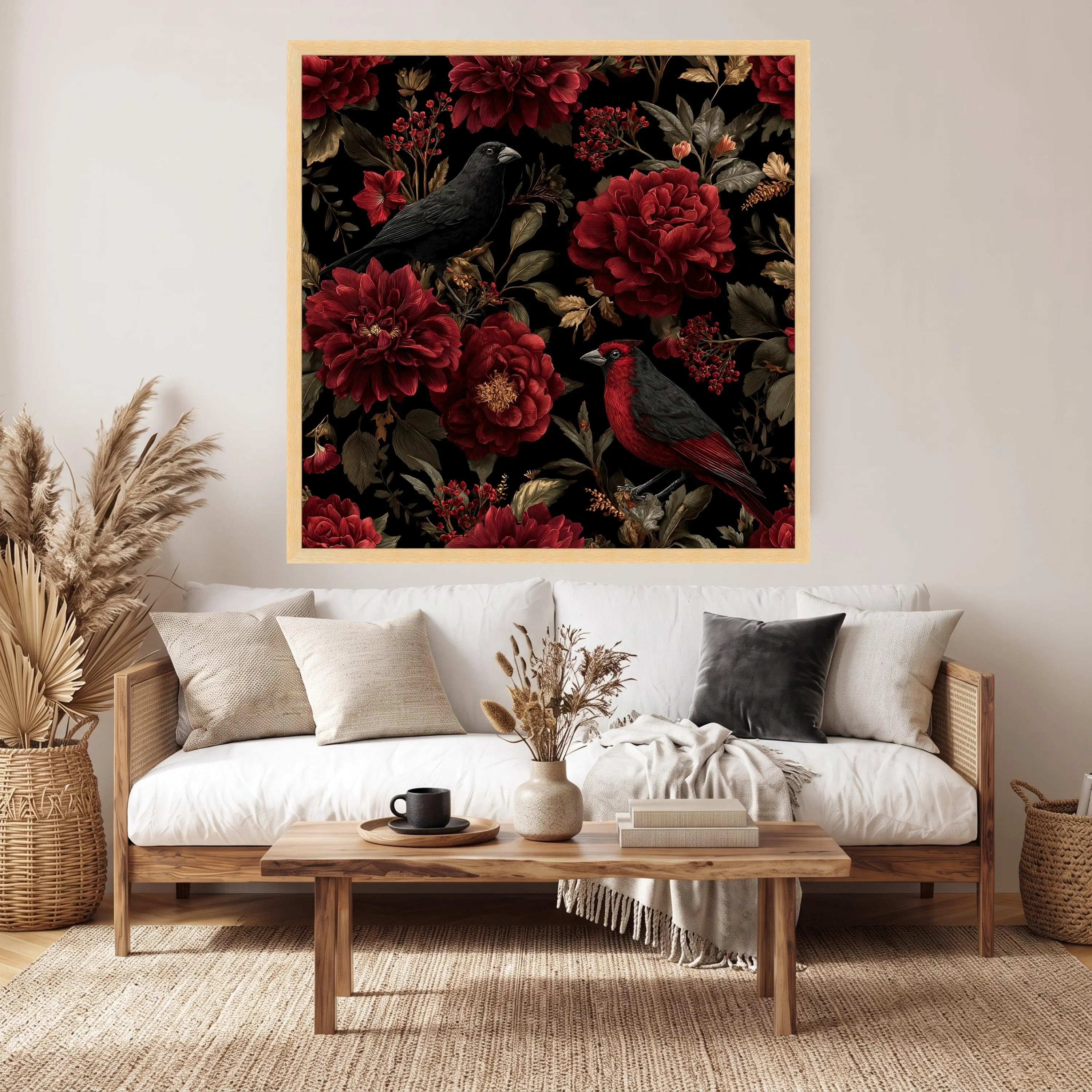 Red Peonies and Birds Canvas Art, Black Background, Ready to Hang - image 4