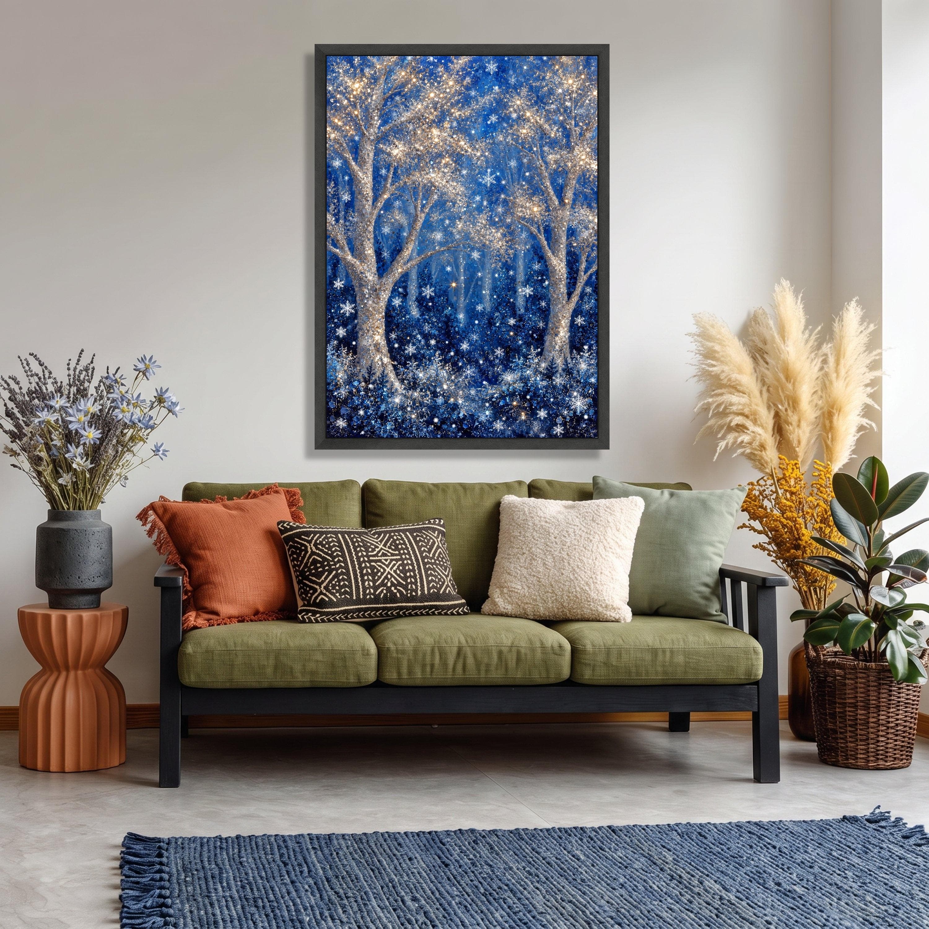 Magical Winter Forest Canvas, Glittering Snowflake Trees, Blue Night Landscape Art - image 3