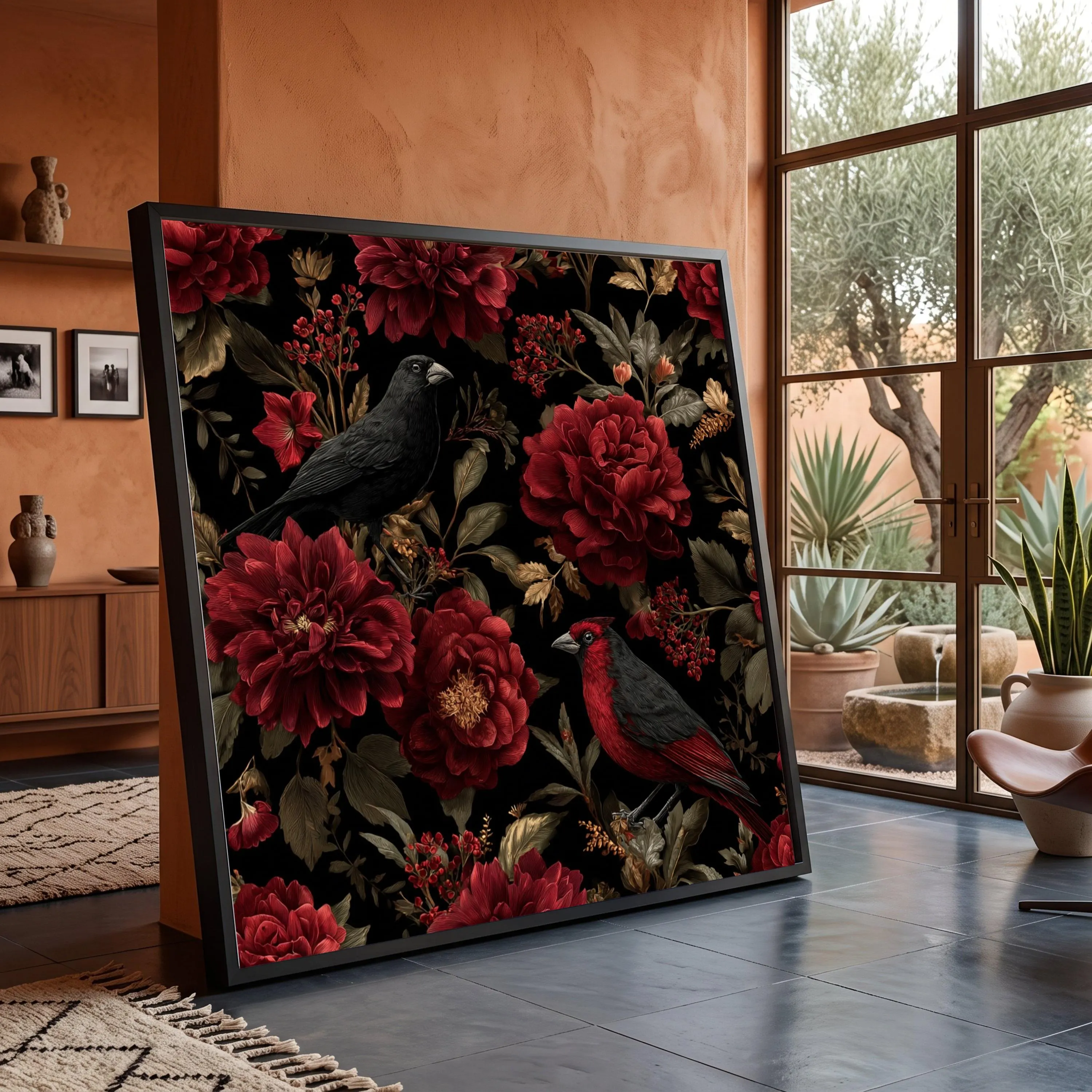 Red Peonies and Birds Canvas Art, Black Background, Ready to Hang