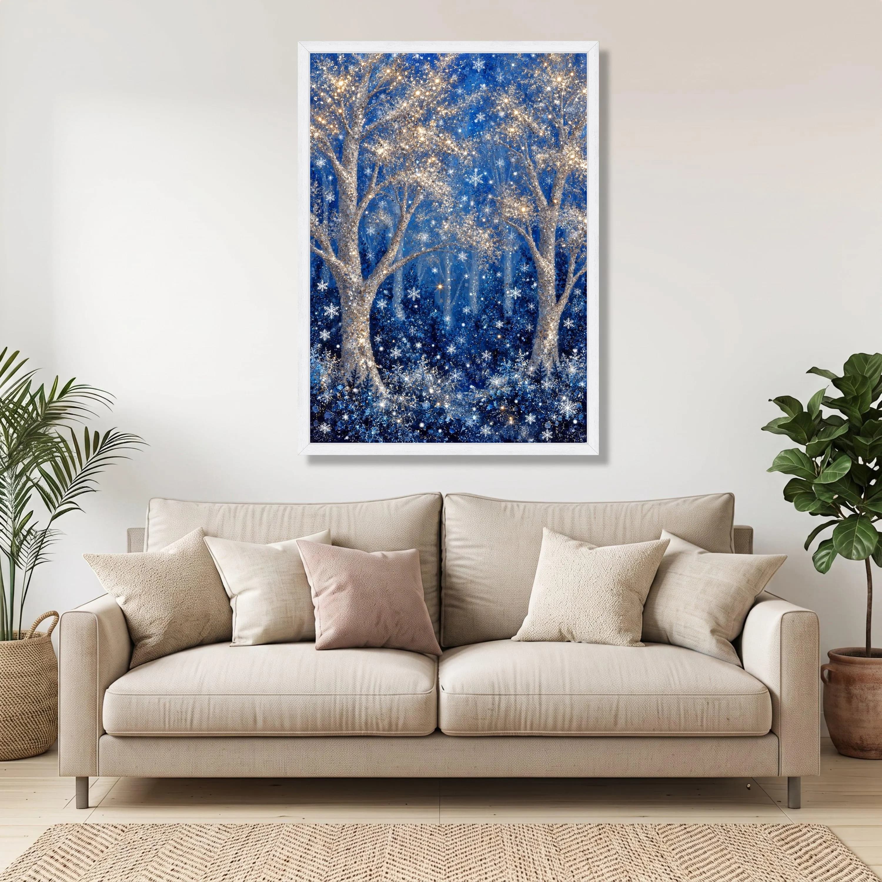 Magical Winter Forest Canvas, Glittering Snowflake Trees, Blue Night Landscape Art - image 4