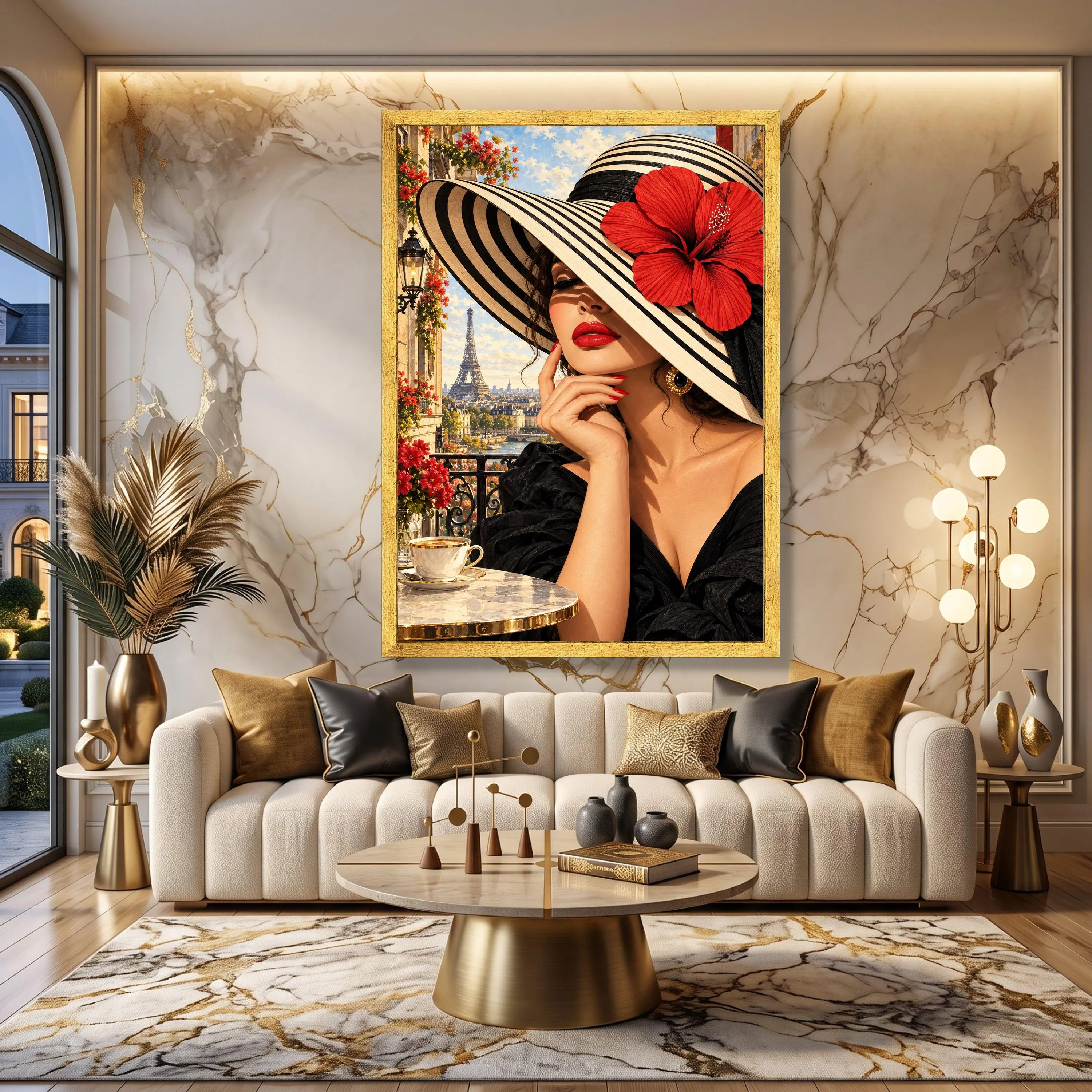 Paris Balcony Portrait, Striped Hat, Red Flower, Eiffel Tower View (Ready to Hang) - image 5