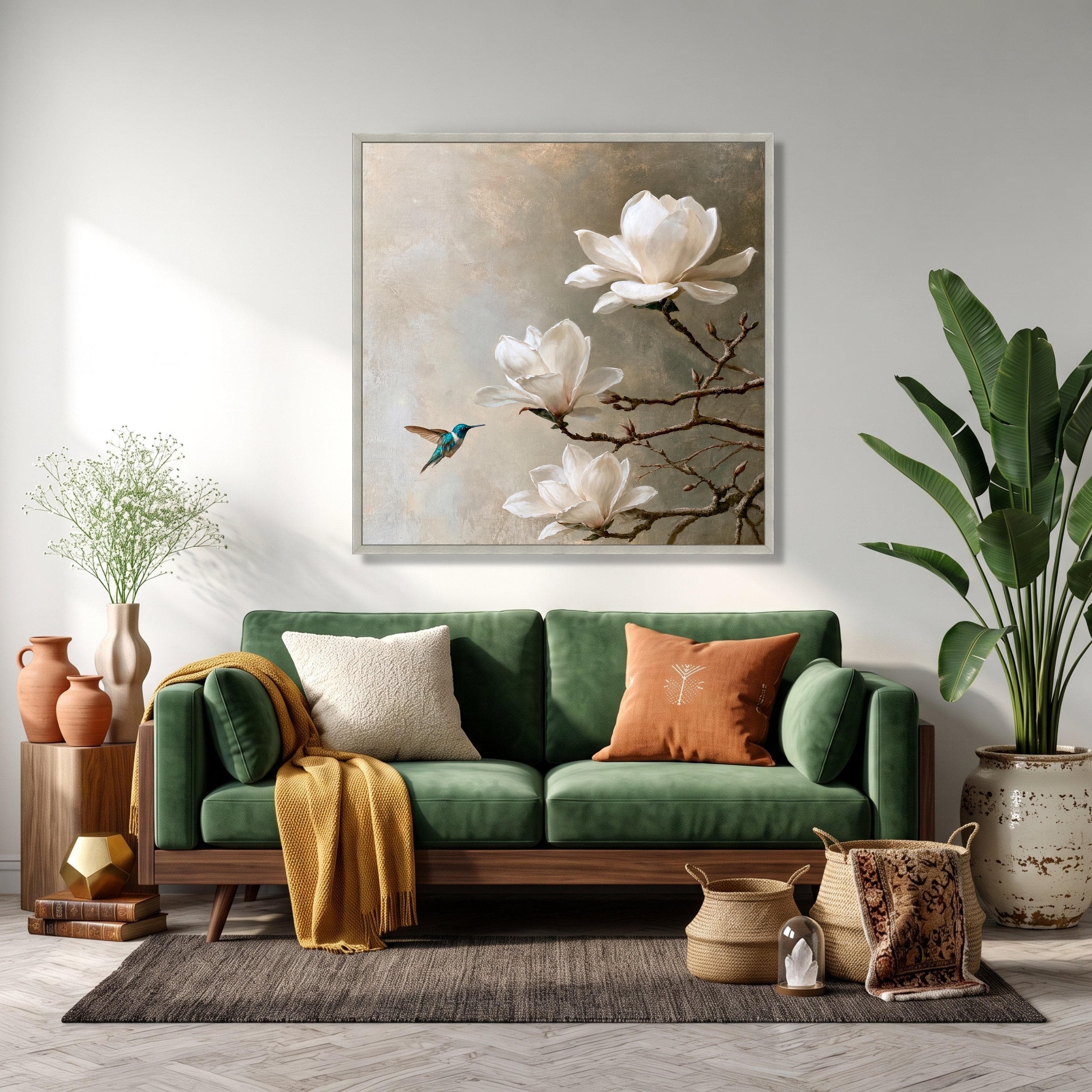 White Magnolia Blossoms with Hummingbird Canvas, Elegant Botanical Wall Art - image 4