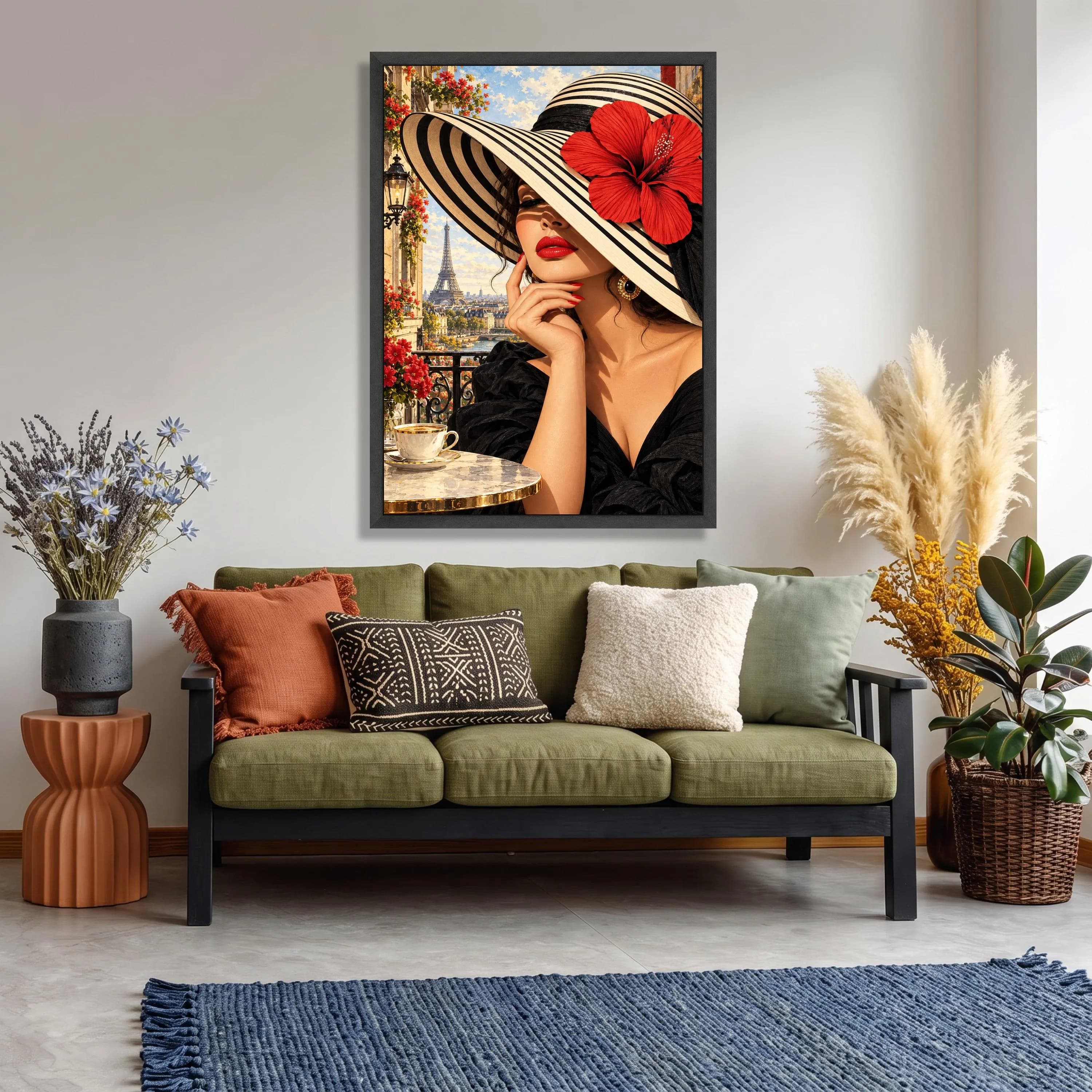 Paris Balcony Portrait, Striped Hat, Red Flower, Eiffel Tower View (Ready to Hang) - image 3