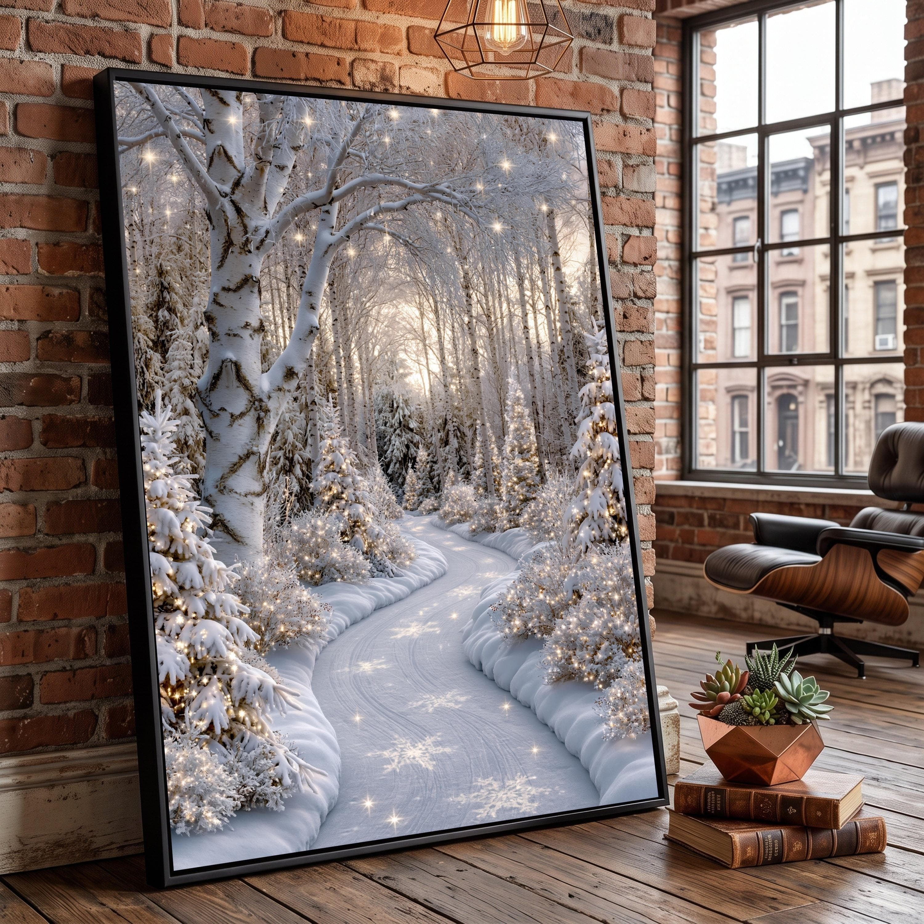 Winter Wonderland Canvas, Snowy Birch Forest Pathway, Festive Holiday Wall Art
