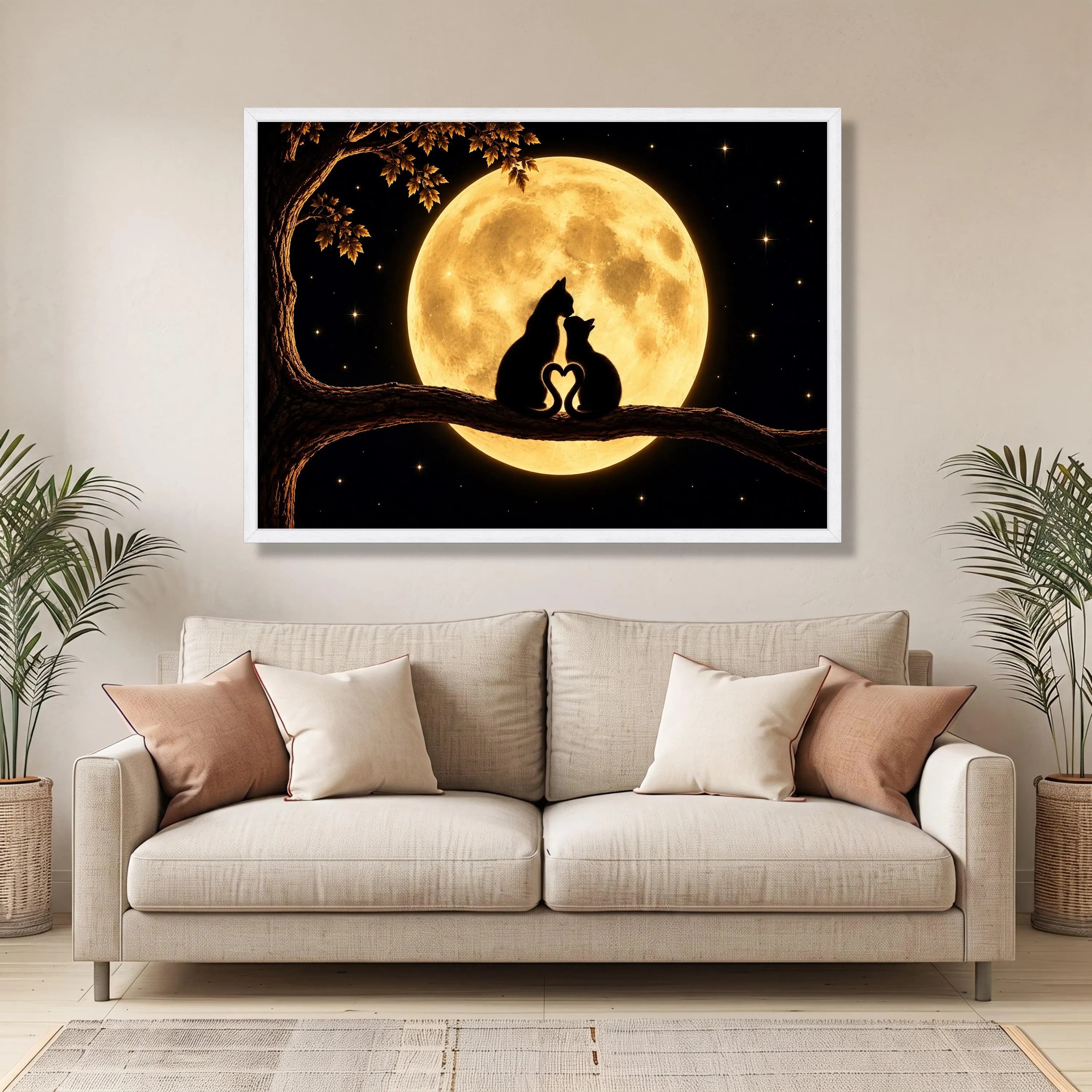 Romantic Cat Silhouette Canvas, Full Moon Night Art, Nature Scene Wall Decor - image 5
