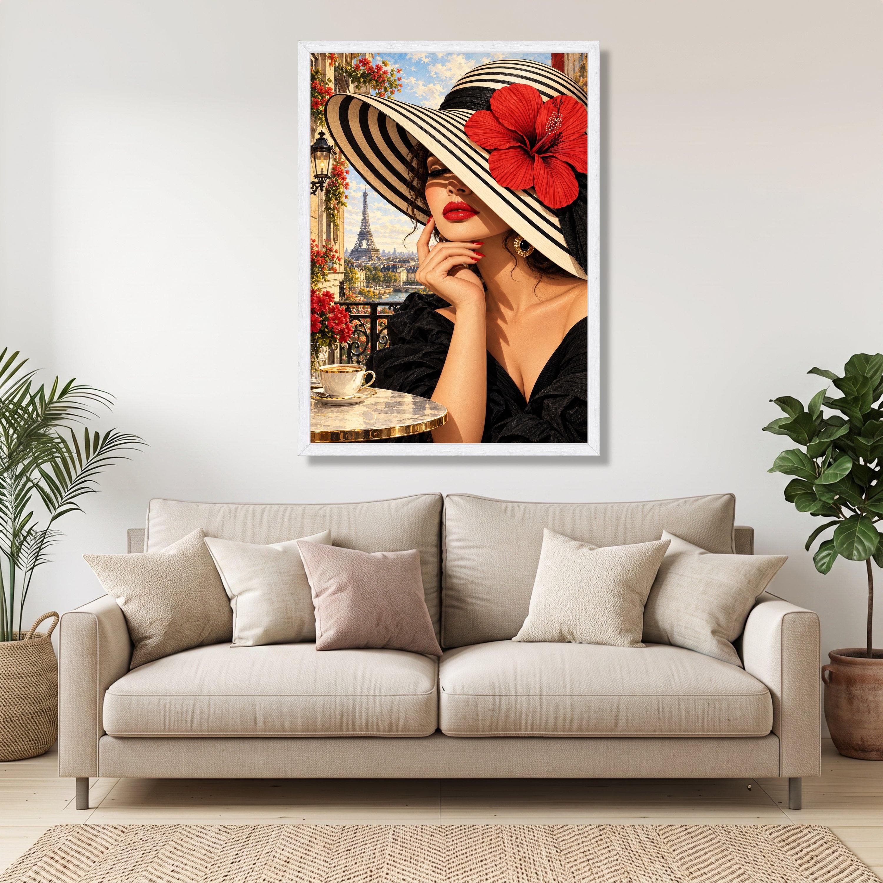 Paris Balcony Portrait, Striped Hat, Red Flower, Eiffel Tower View (Ready to Hang) - image 4