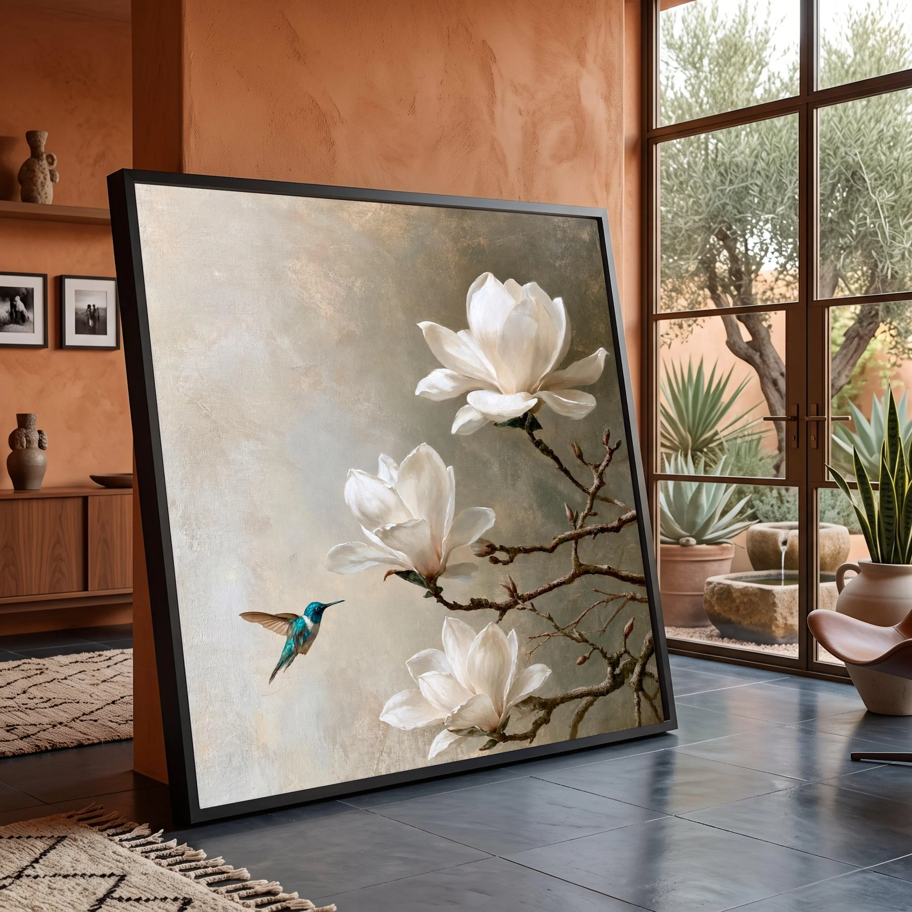 White Magnolia Blossoms with Hummingbird Canvas, Elegant Botanical Wall Art - image 3
