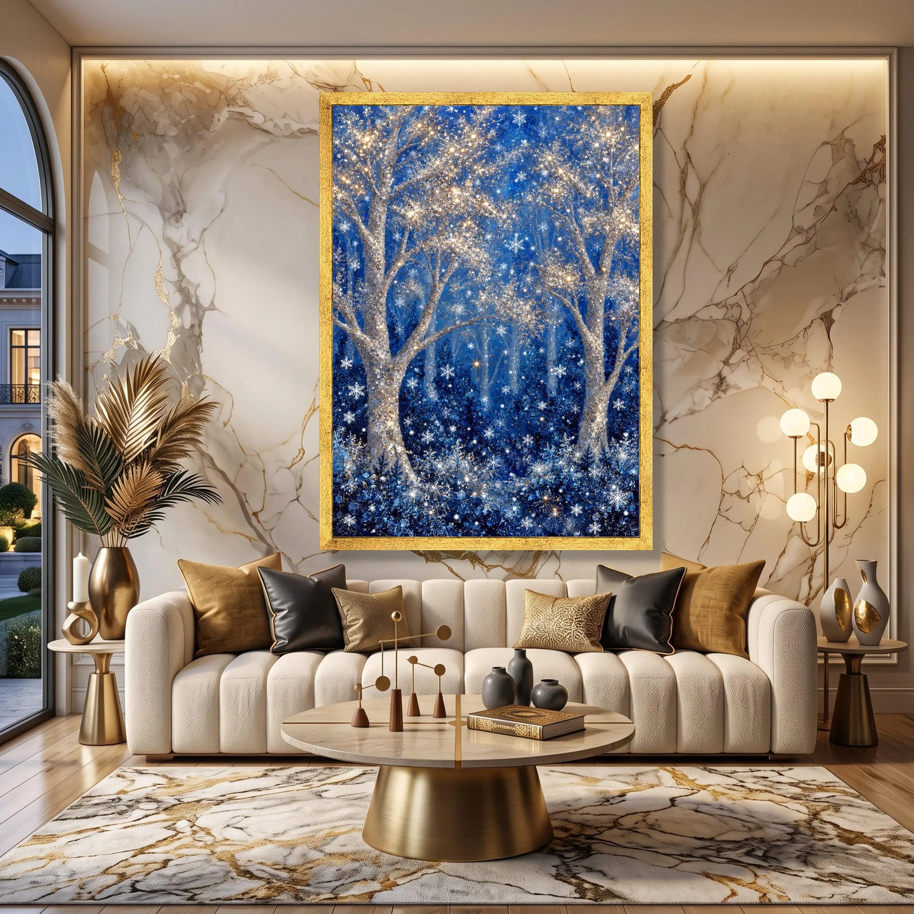 Magical Winter Forest Canvas, Glittering Snowflake Trees, Blue Night Landscape Art - image 5