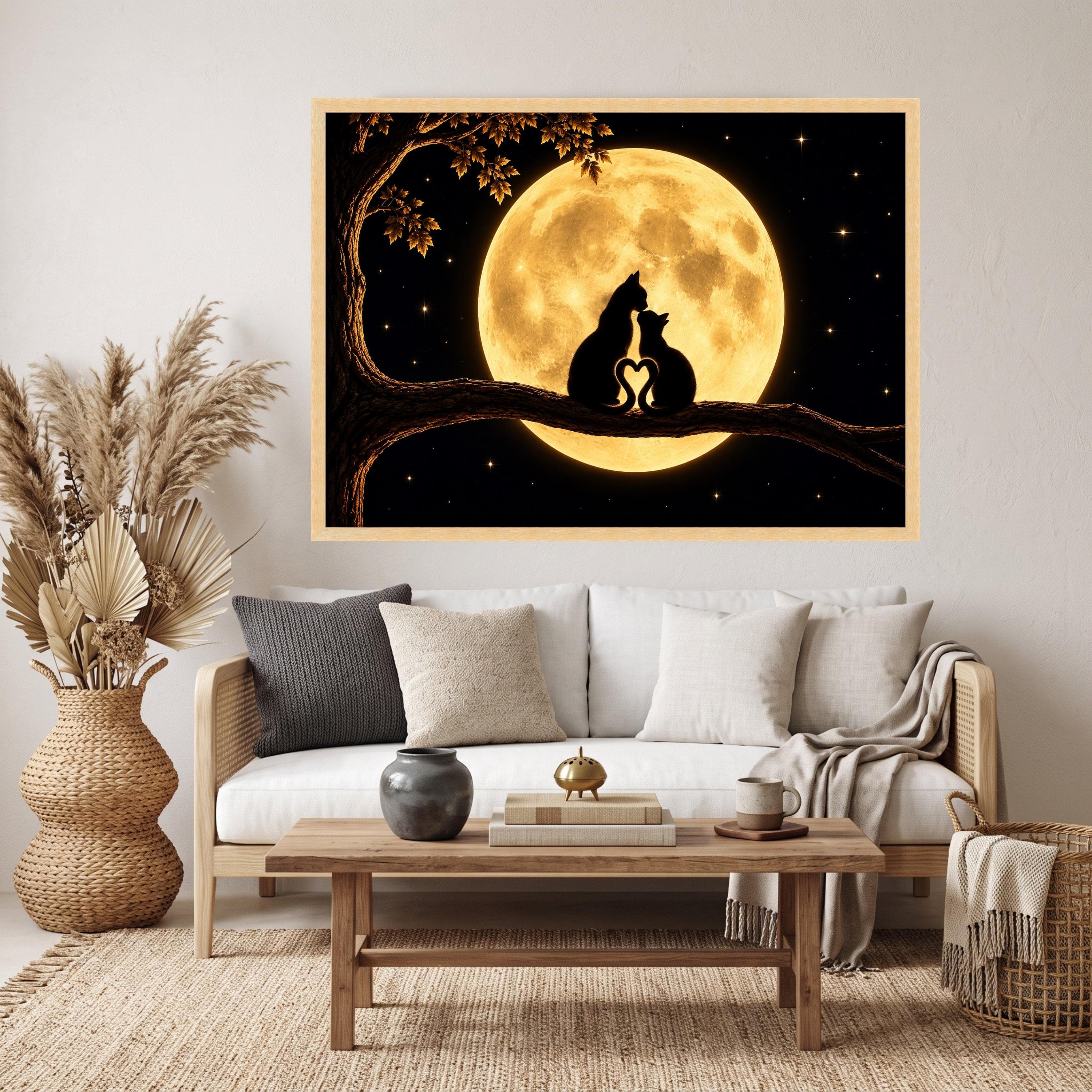 Romantic Cat Silhouette Canvas, Full Moon Night Art, Nature Scene Wall Decor - image 3