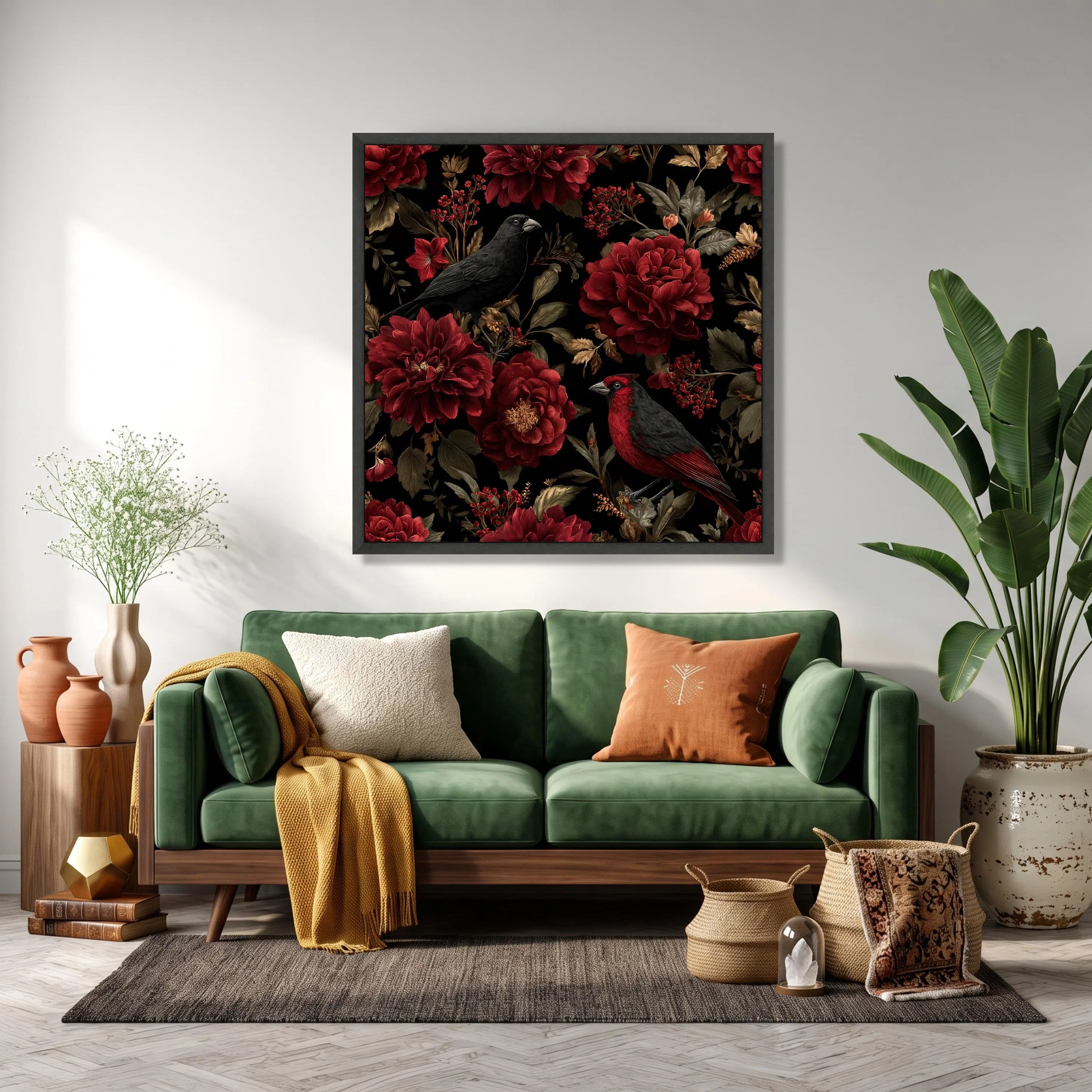 Red Peonies and Birds Canvas Art, Black Background, Ready to Hang - image 5