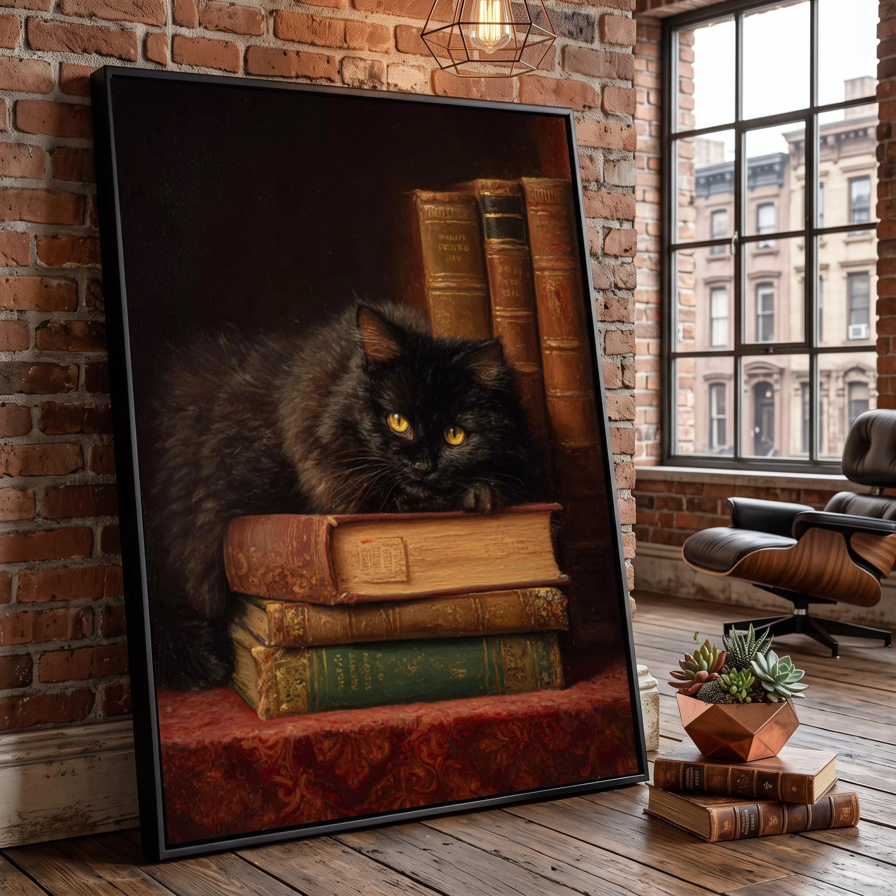 Black Cat Resting on Vintage Books Canvas, Classic Literature Wall Art