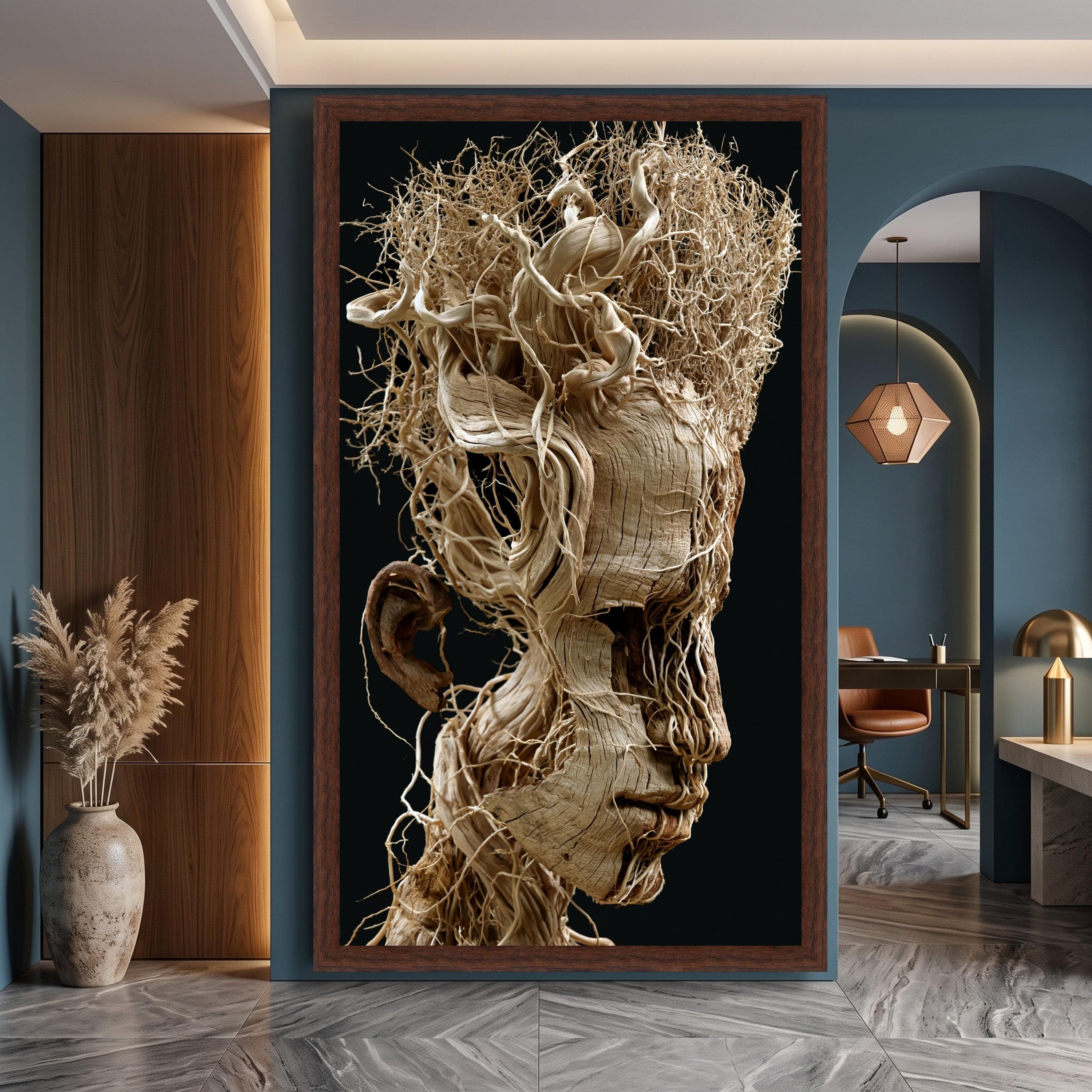 Abstract Human Head Canvas, Natural Wood Roots Art, Organic Wall Sculpture Print, Modern Home, Surreal Nature - image 3